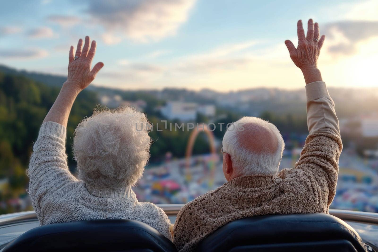 Elderly Adventurer: enjoying amusement ride, timeless excitement, joyful thrills, fearless spirit, park attraction, energetic vibe, amusement thrill, youthful enthusiasm, ageless joy