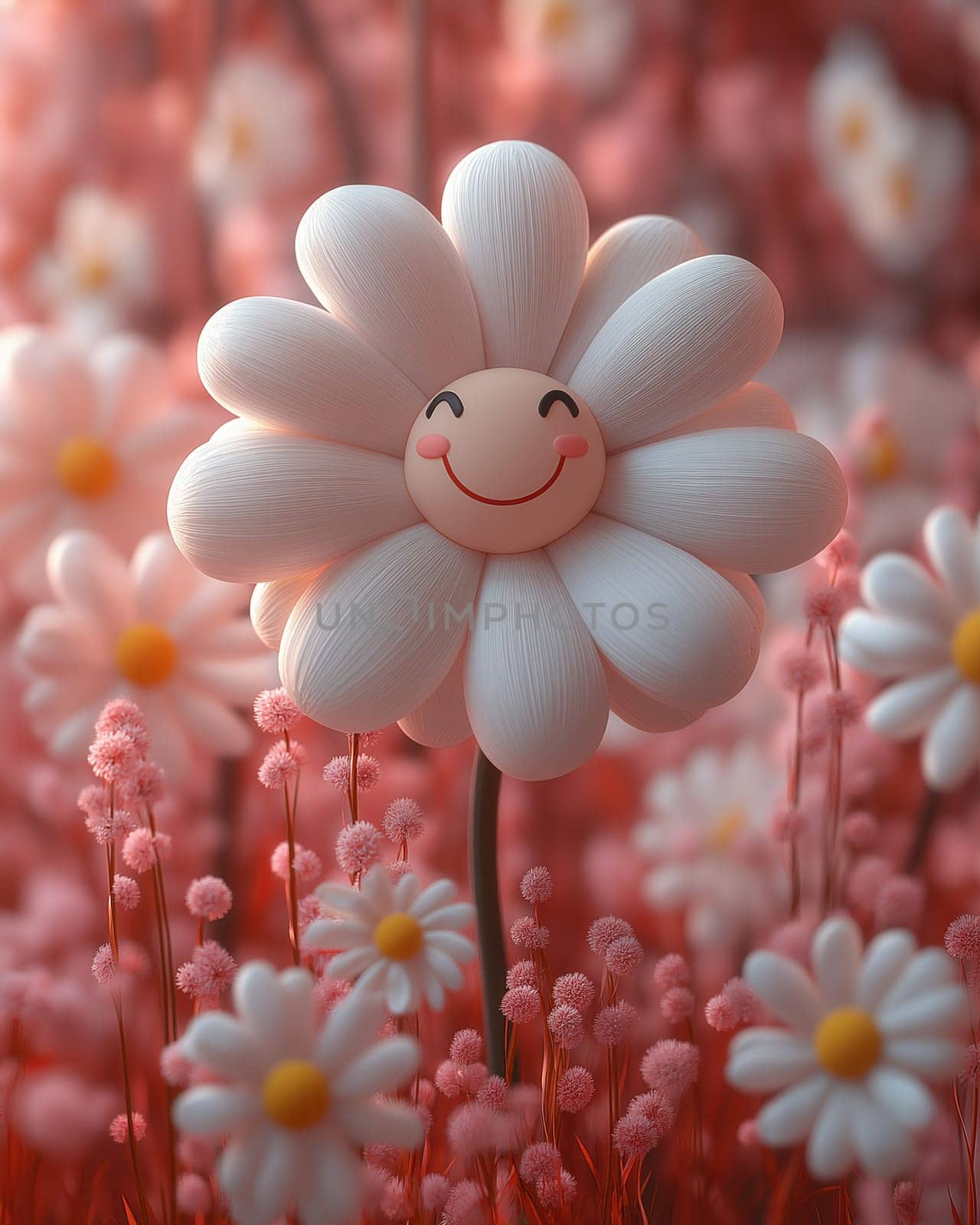 3d cartoon smiling flower on a colored background. Selective focus.