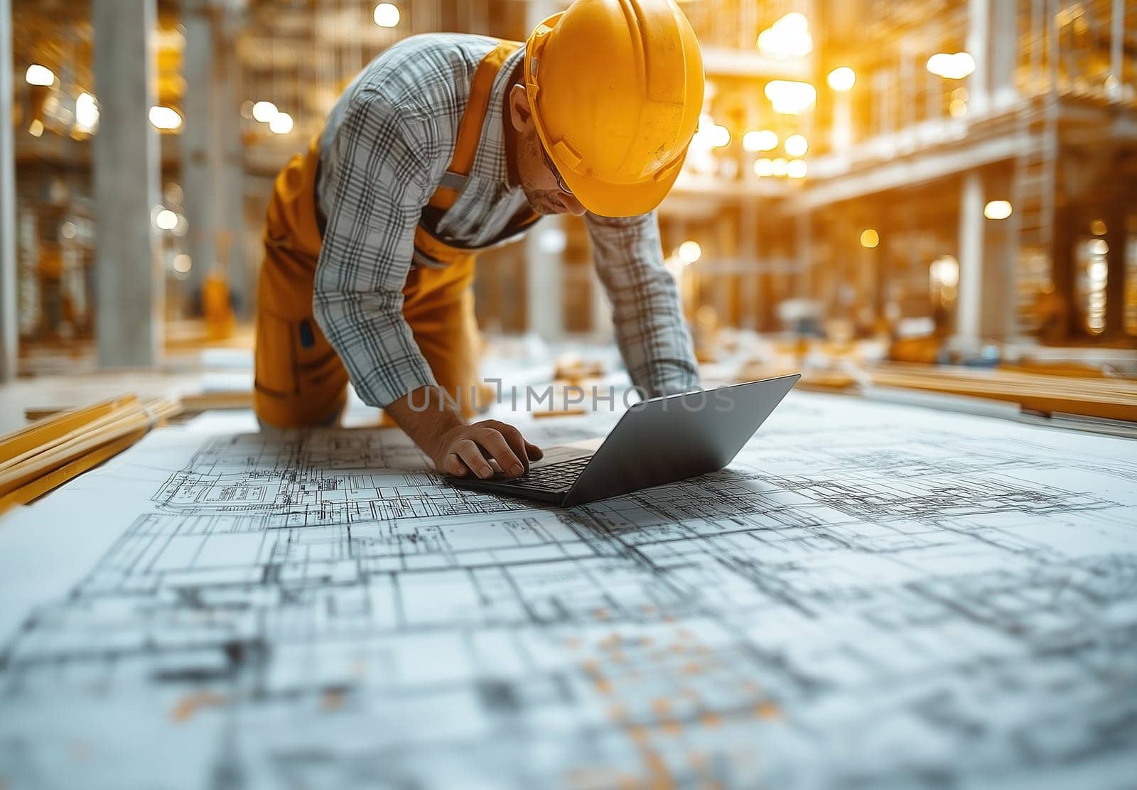 A specialist is working on a construction project on a tablet. Selective focus.