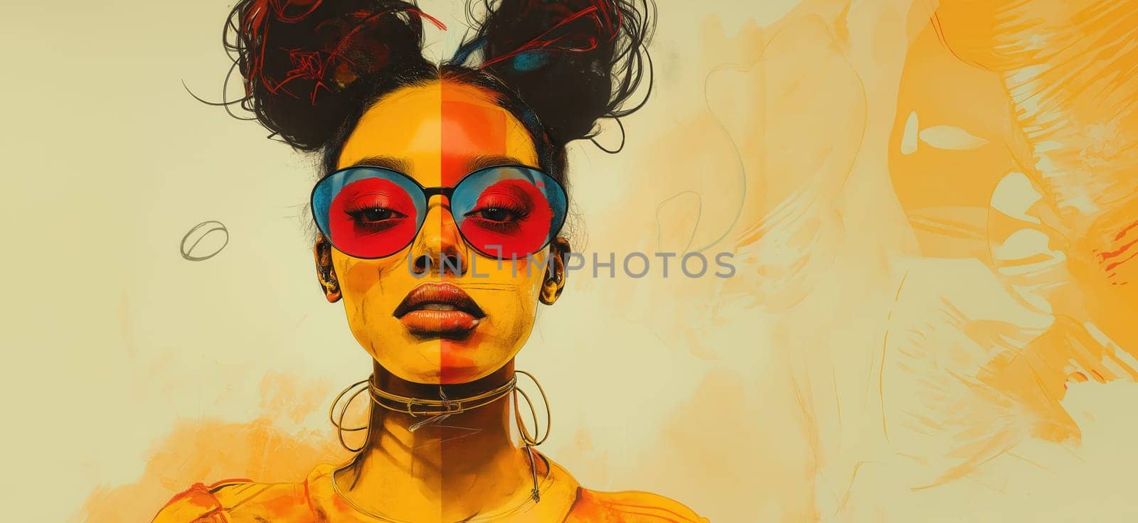 Young woman in glasses on abstract background, fashion design. Selective focus.