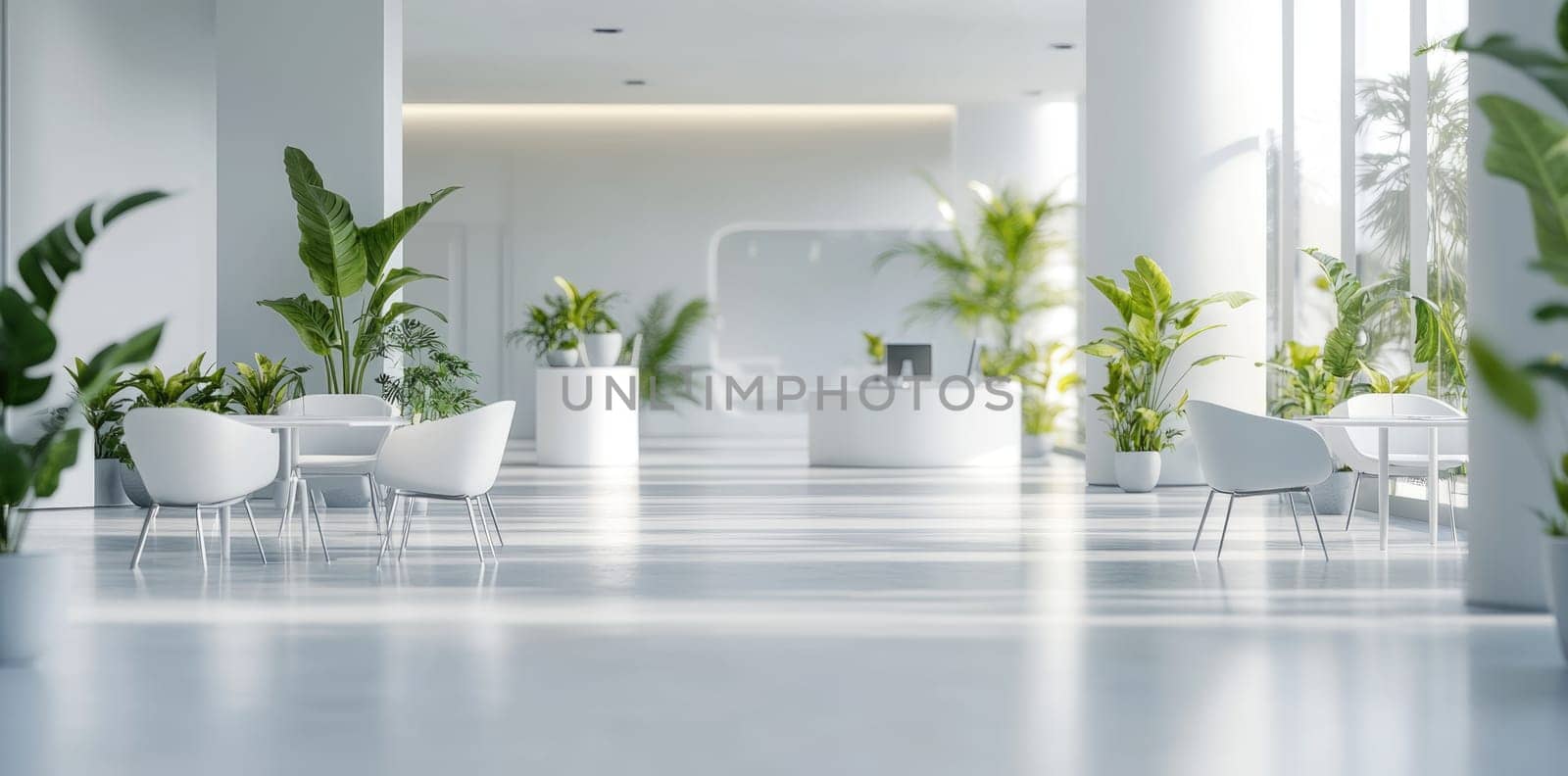 Spacious workspace: bright interior, greenery touch, blank text area, functional layout, peaceful ambiance, natural light, modern aesthetic, serene atmosphere, professional tone, inviting atmosphere