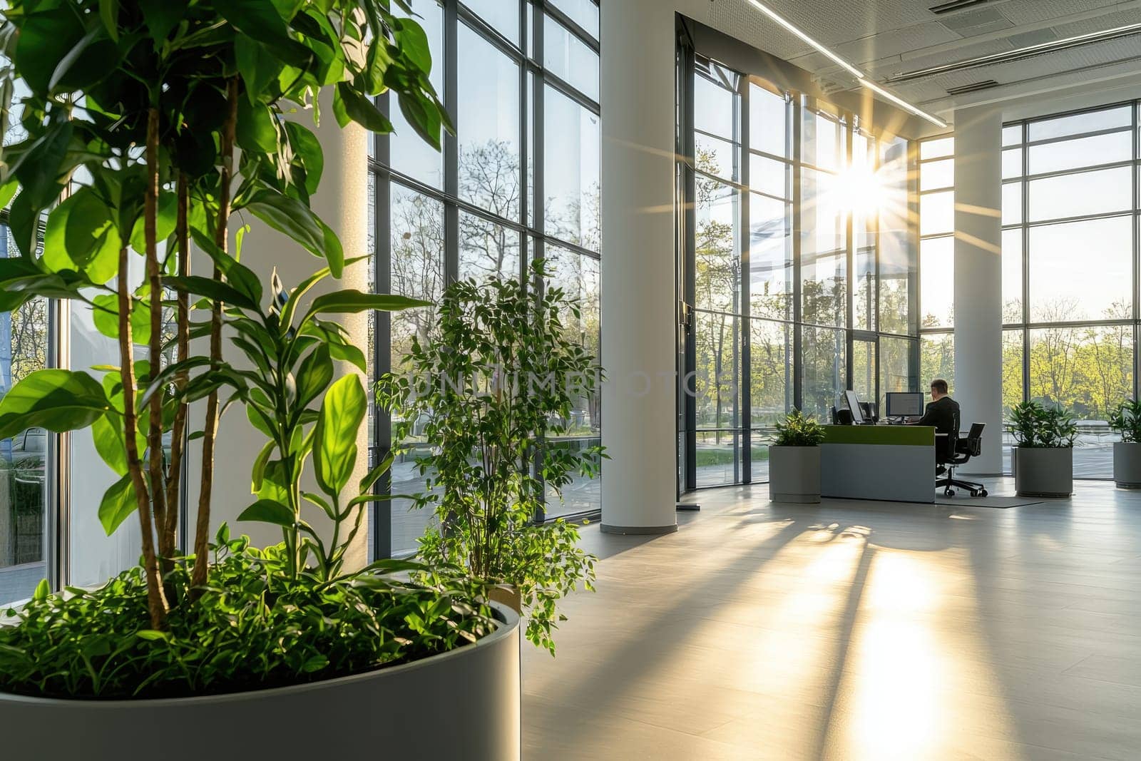 Cosy office: spacious layout, bright lighting, green accents, calming atmosphere, blank text space, modern decor, tranquil environment, natural elements, creative workspace, minimalist design