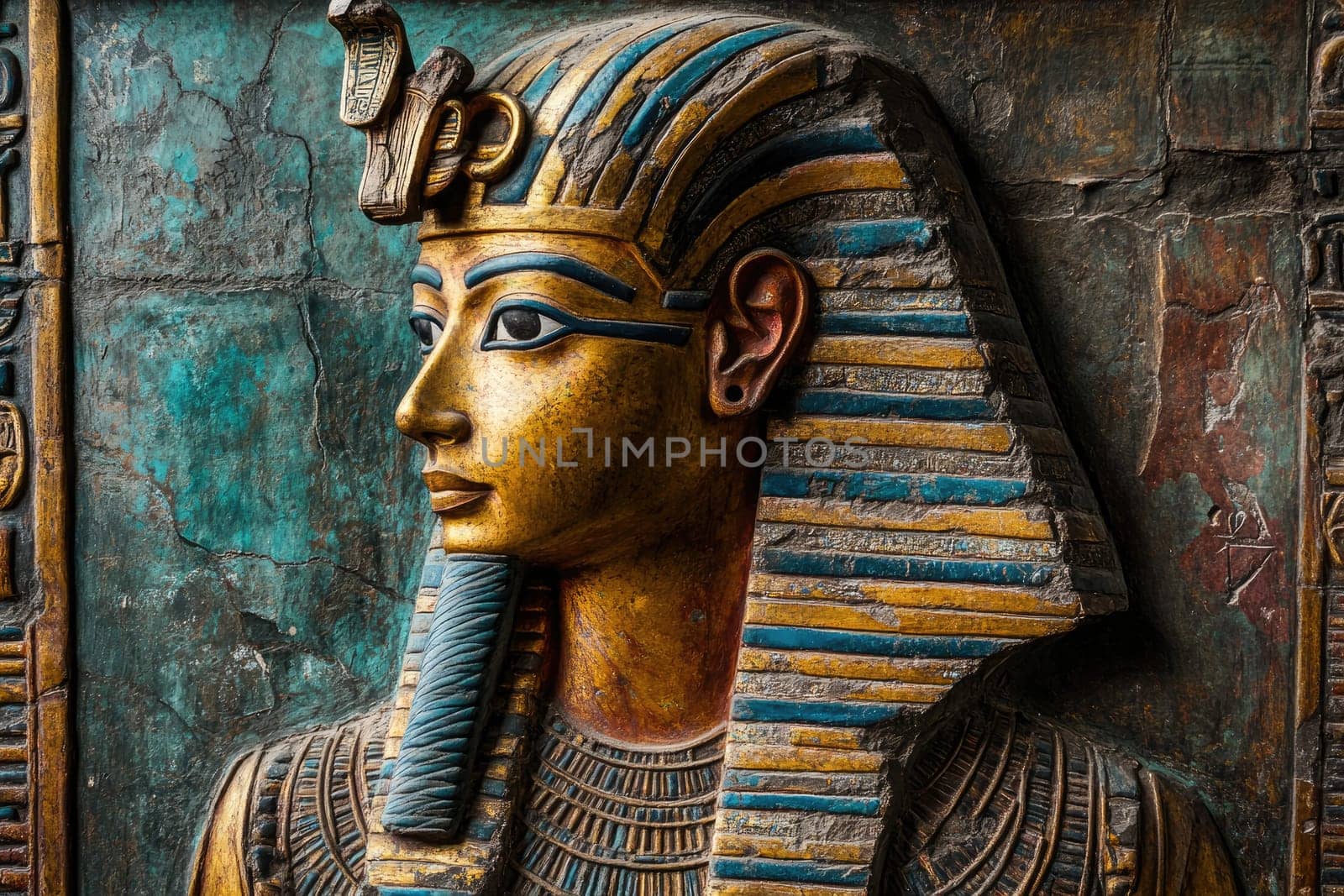 Egyptian wall painting: deity portrayal, sovereign likeness, royal symbolism, sacred fresco, ancient art, cultural depiction, divine representation, pharaoh illustration, historical mural