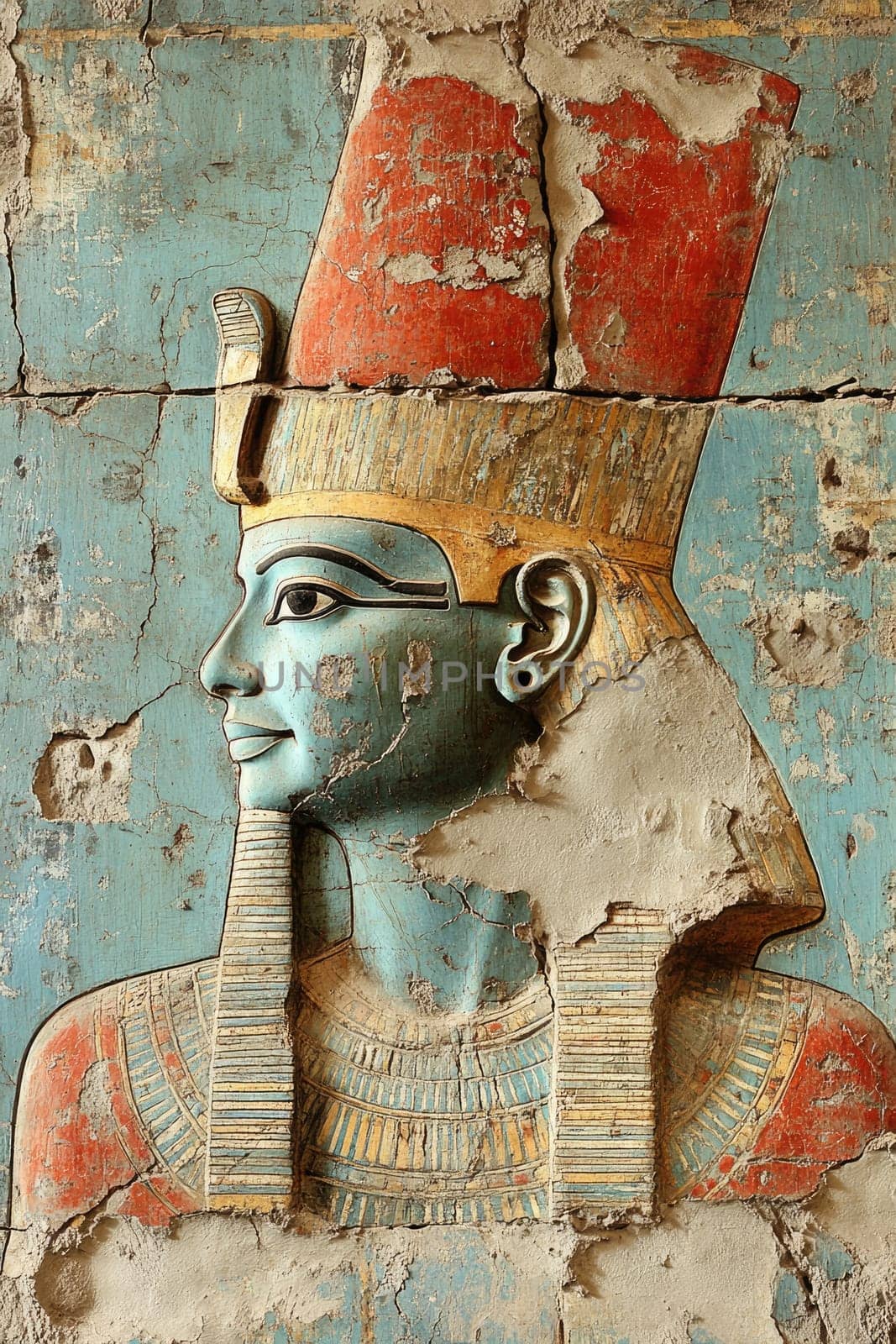 Egyptian wall painting: deity portrayal, sovereign likeness, royal symbolism, sacred fresco, ancient art, cultural depiction, divine representation, pharaoh illustration, historical mural