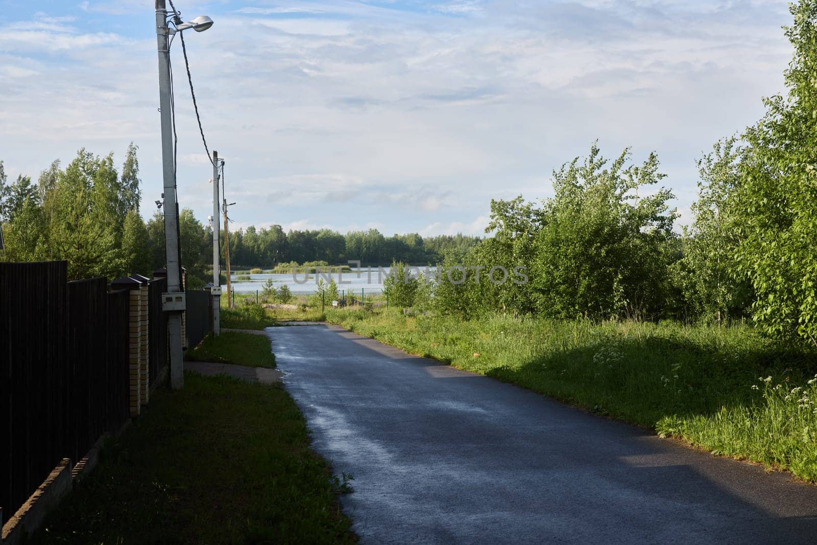 A tranquil pathway winds to a serene waterway, surrounded by lush greenery, vibrant bushes, and tall trees