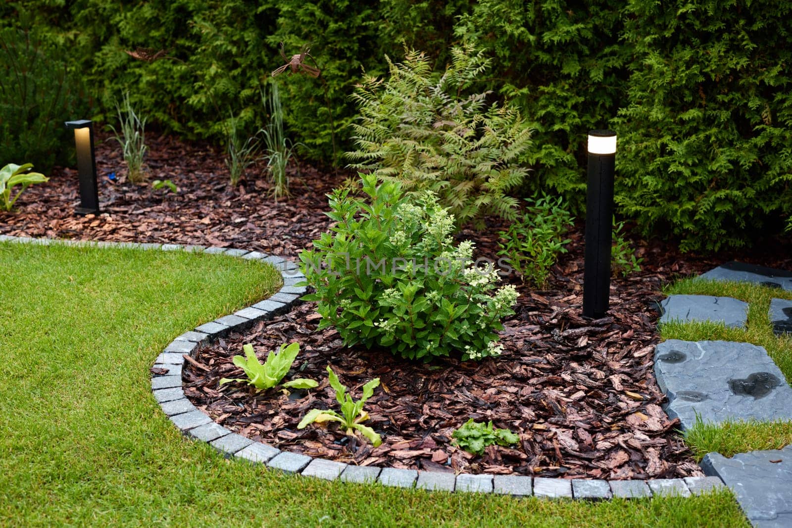 A charming garden scene that beautifully showcases lush greenery, decorative stones, and modern lighting designs