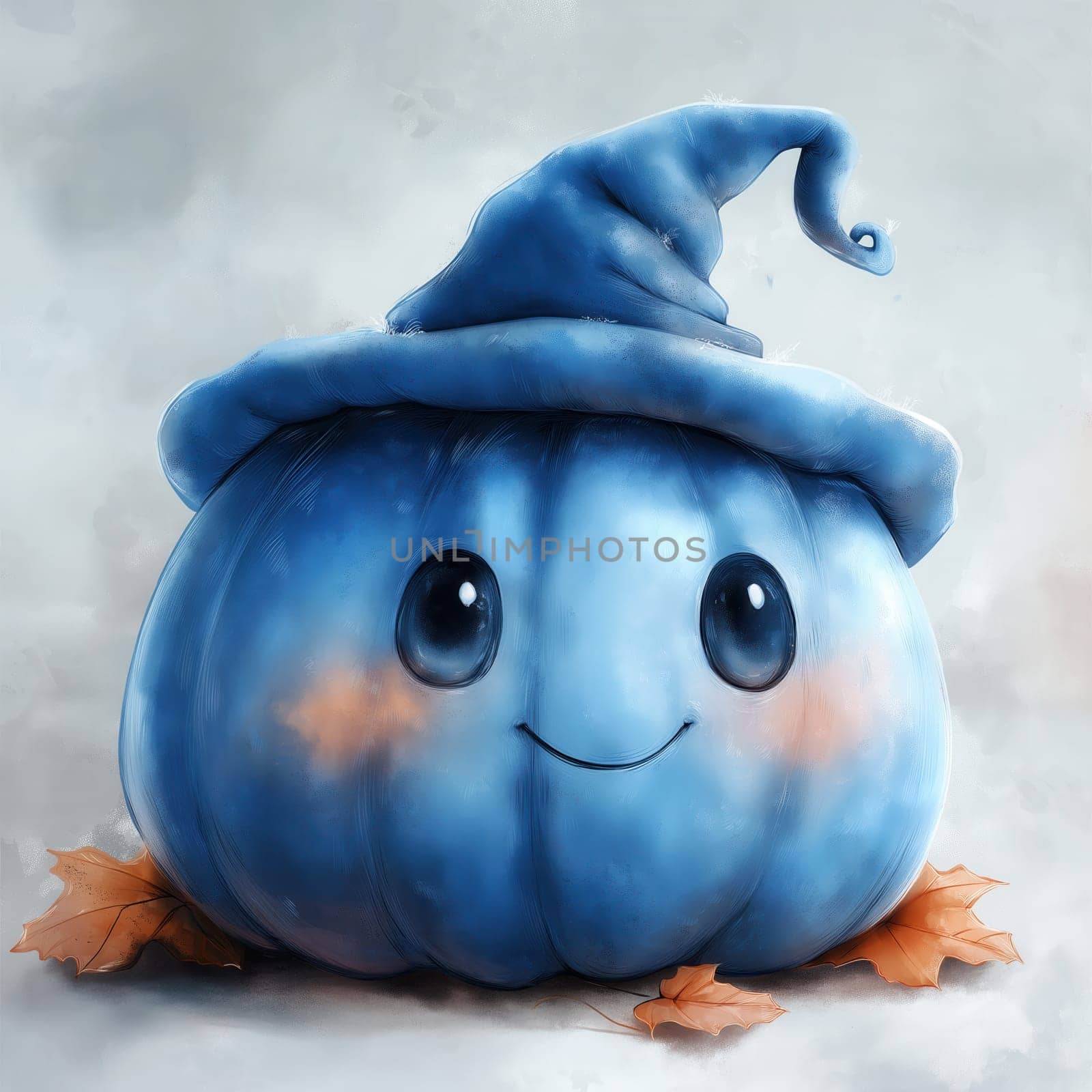 Blue cartoon smiling pumpkin with eyes on a blurred background. Selective focus.