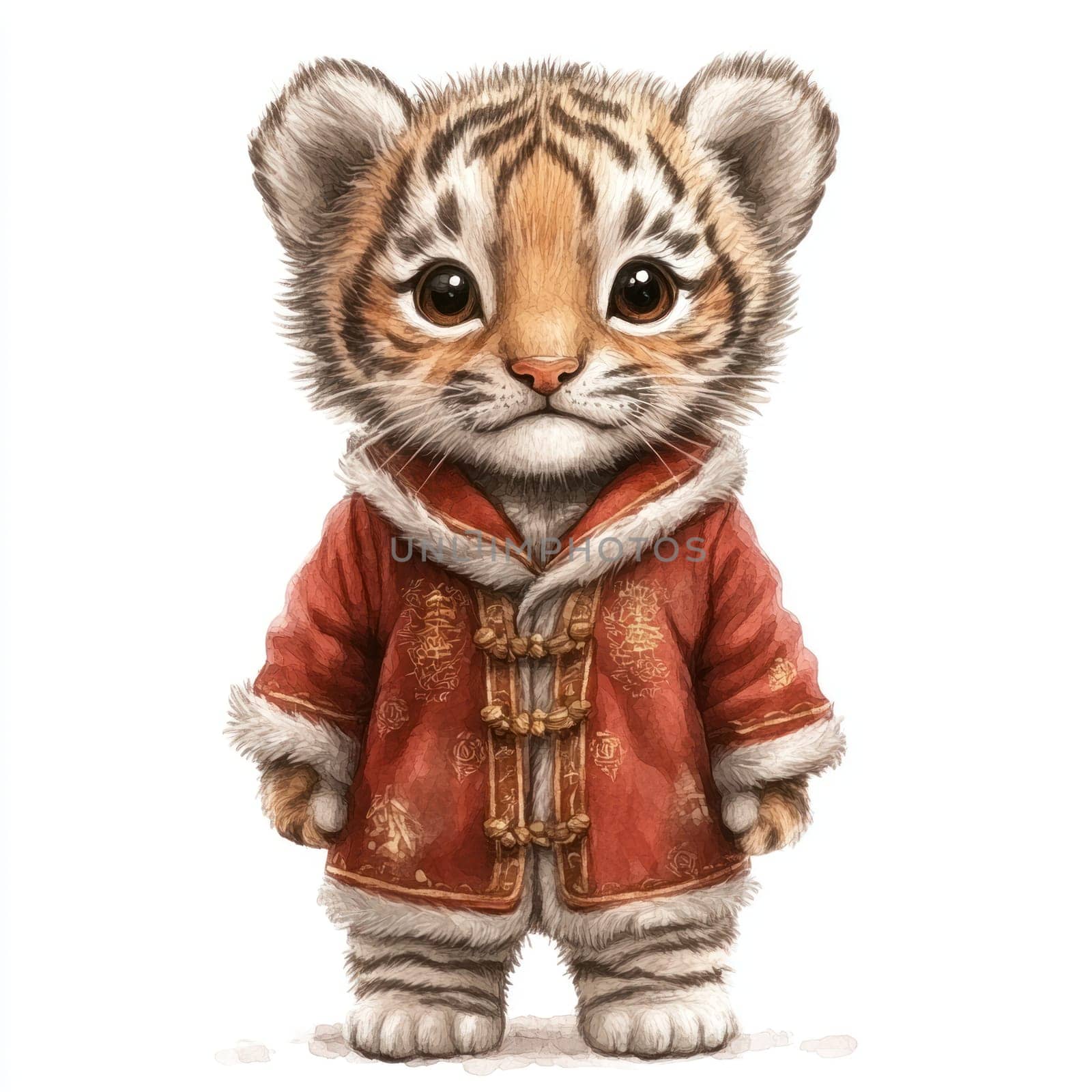 Cute baby tiger wearing red traditional outfit, showcasing charming expression. This adorable creature captures hearts with its playful demeanor and unique attire.
