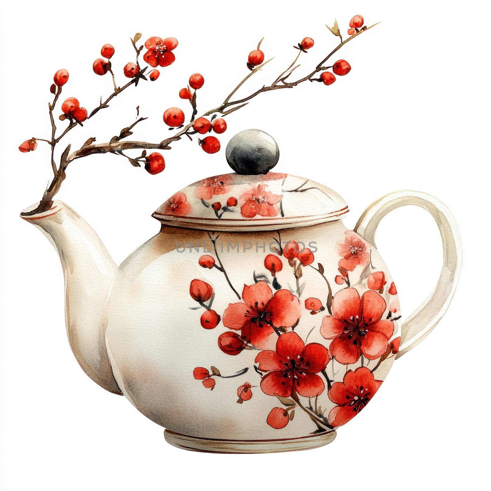 beautiful teapot adorned with vibrant red flowers and branches, showcasing traditional Chinese artistry. This watercolor design captures elegance and cultural heritage.