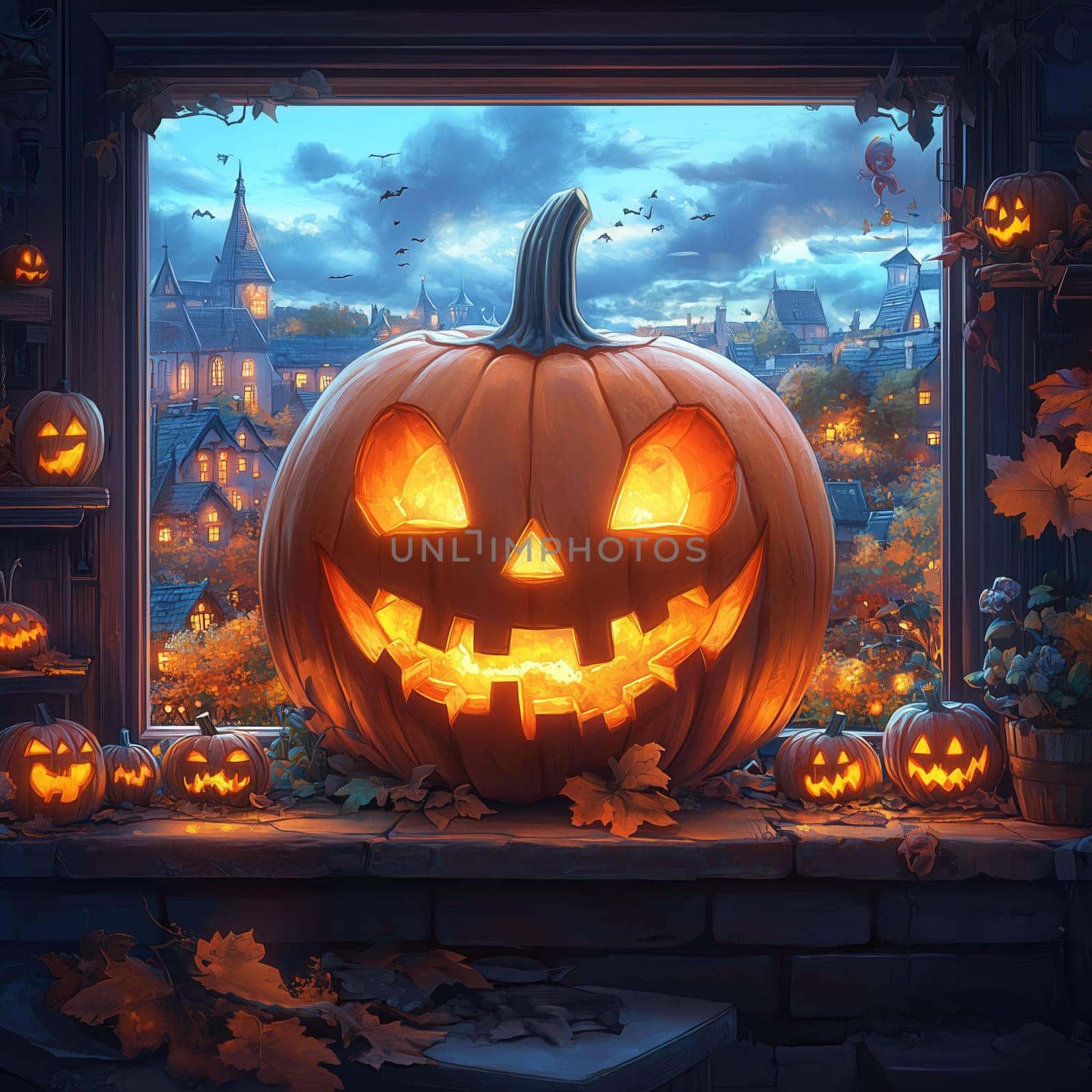 Halloween, illustration of a pumpkin lantern standing on a windowsill. Selective focus.