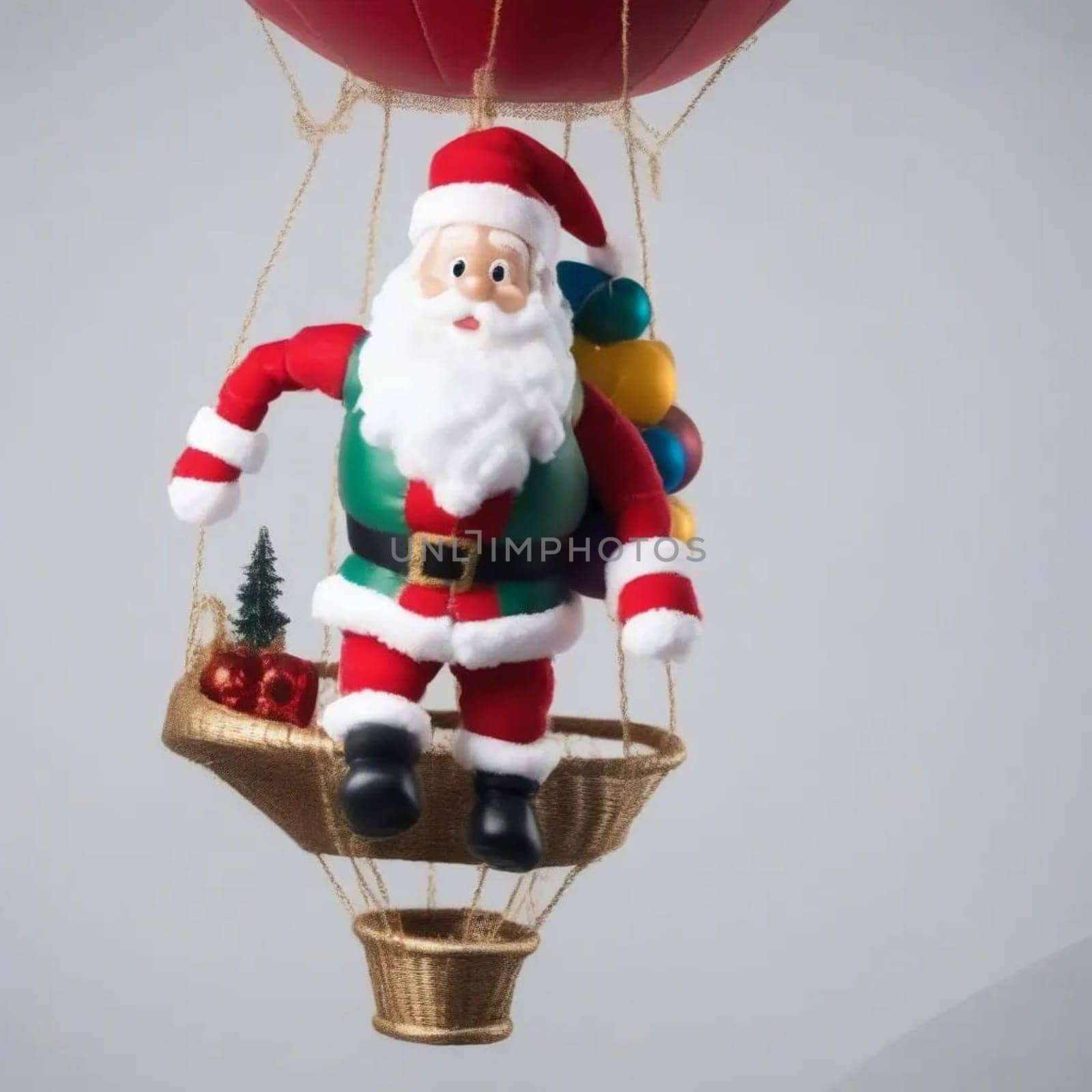 Santa Claus flying on a hot air balloon Merry Christmas, Happy New Year white background, Christmas tree toy isolated illustration. High quality illustration