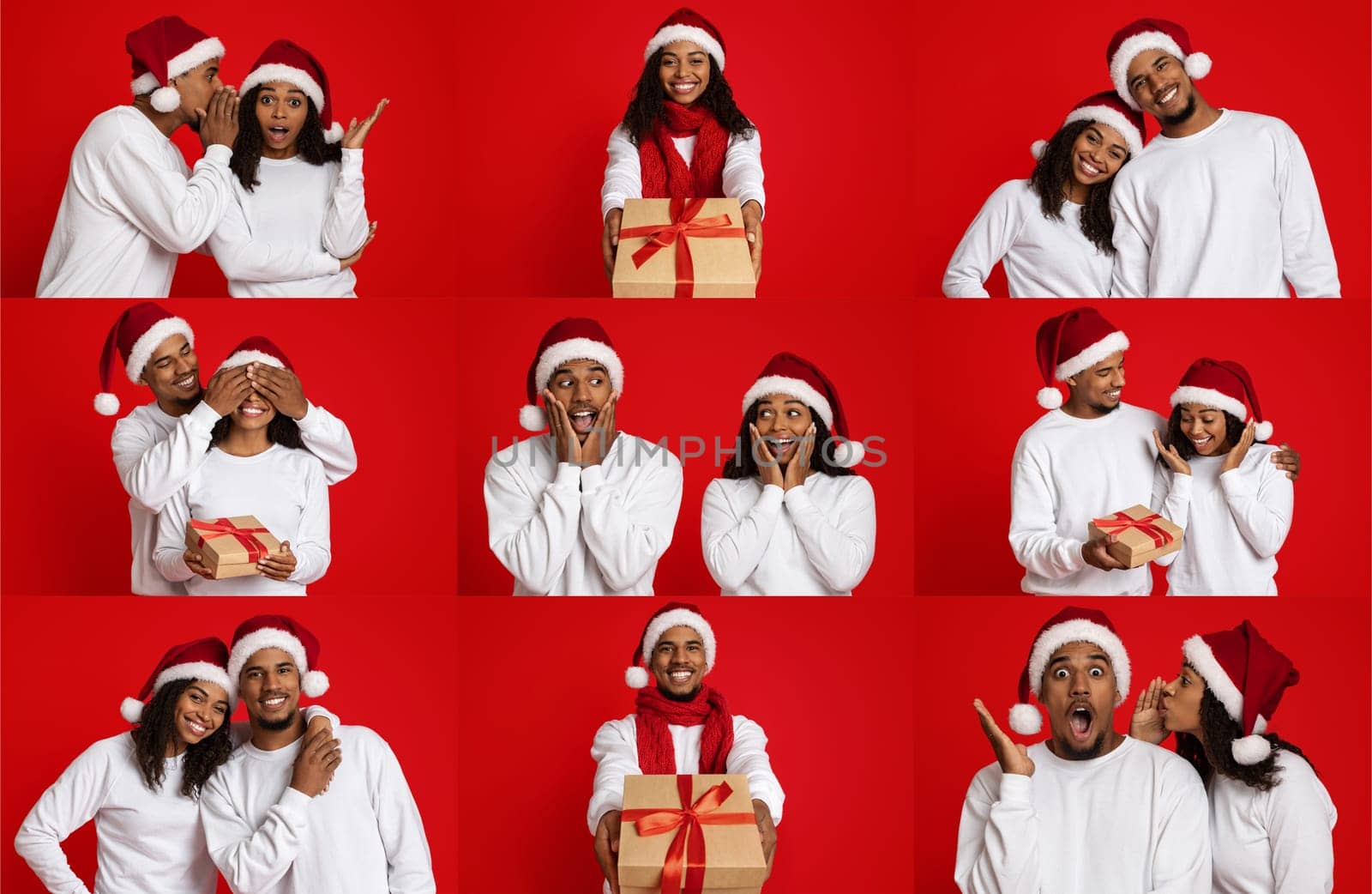 This collection features a cheerful black couple in festive attire sharing moments of love and surprise during their Christmas and New Year celebrations in a vibrant setting.