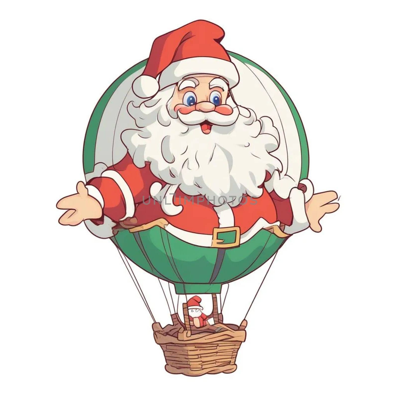 Santa Claus flying on a hot air balloon Merry Christmas, Happy New Year white background, Christmas tree toy isolated illustration. High quality illustration