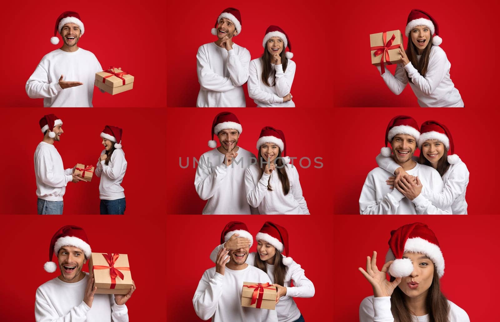 A cheerful couple dressed in Christmas attire is celebrating the holiday season together. They are exchanging gifts and enjoying each other's company in a vibrant and festive atmosphere.