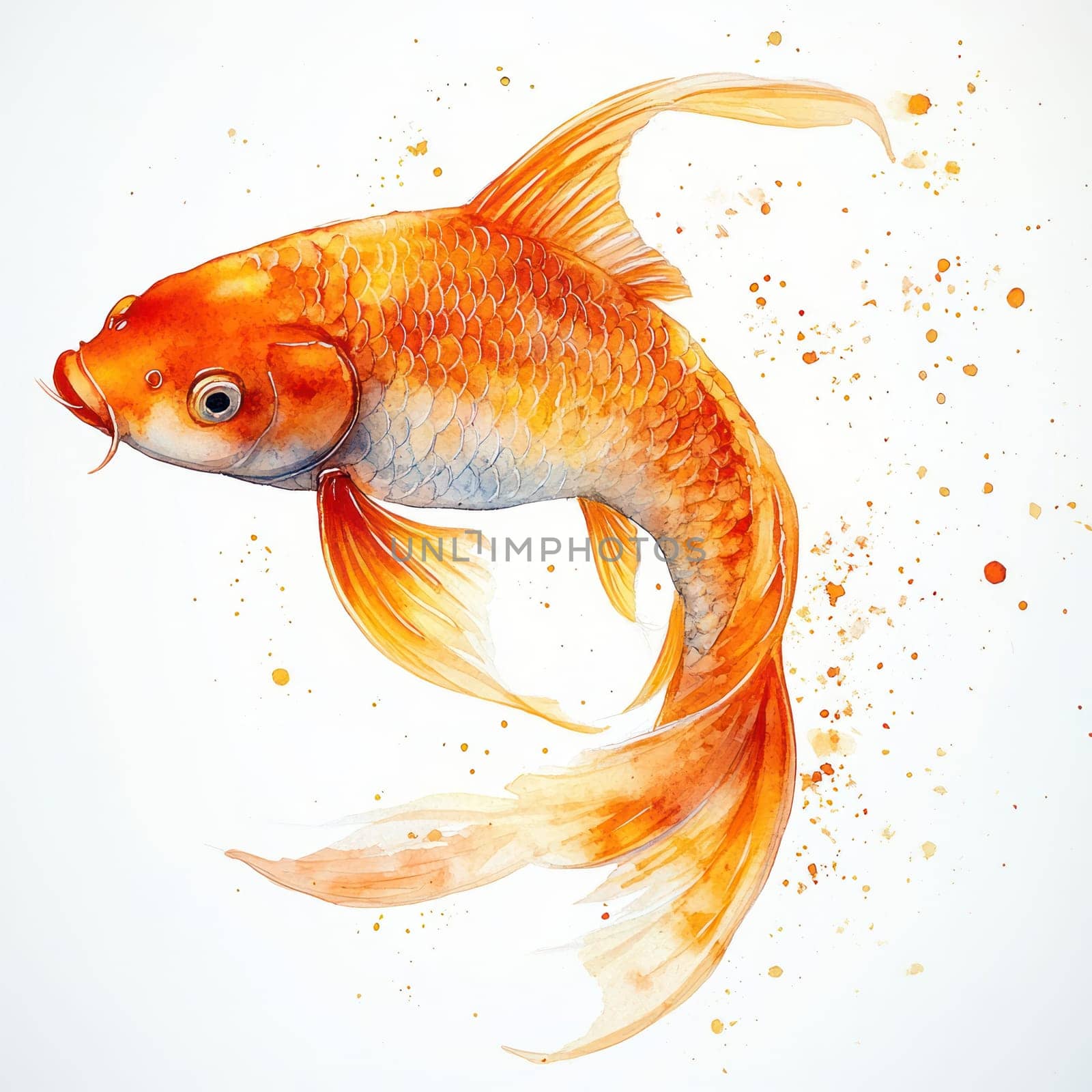 vibrant golden koi fish swims gracefully, showcasing its shimmering scales and flowing fins, surrounded by splashes of color that evoke sense of tranquility and luck.