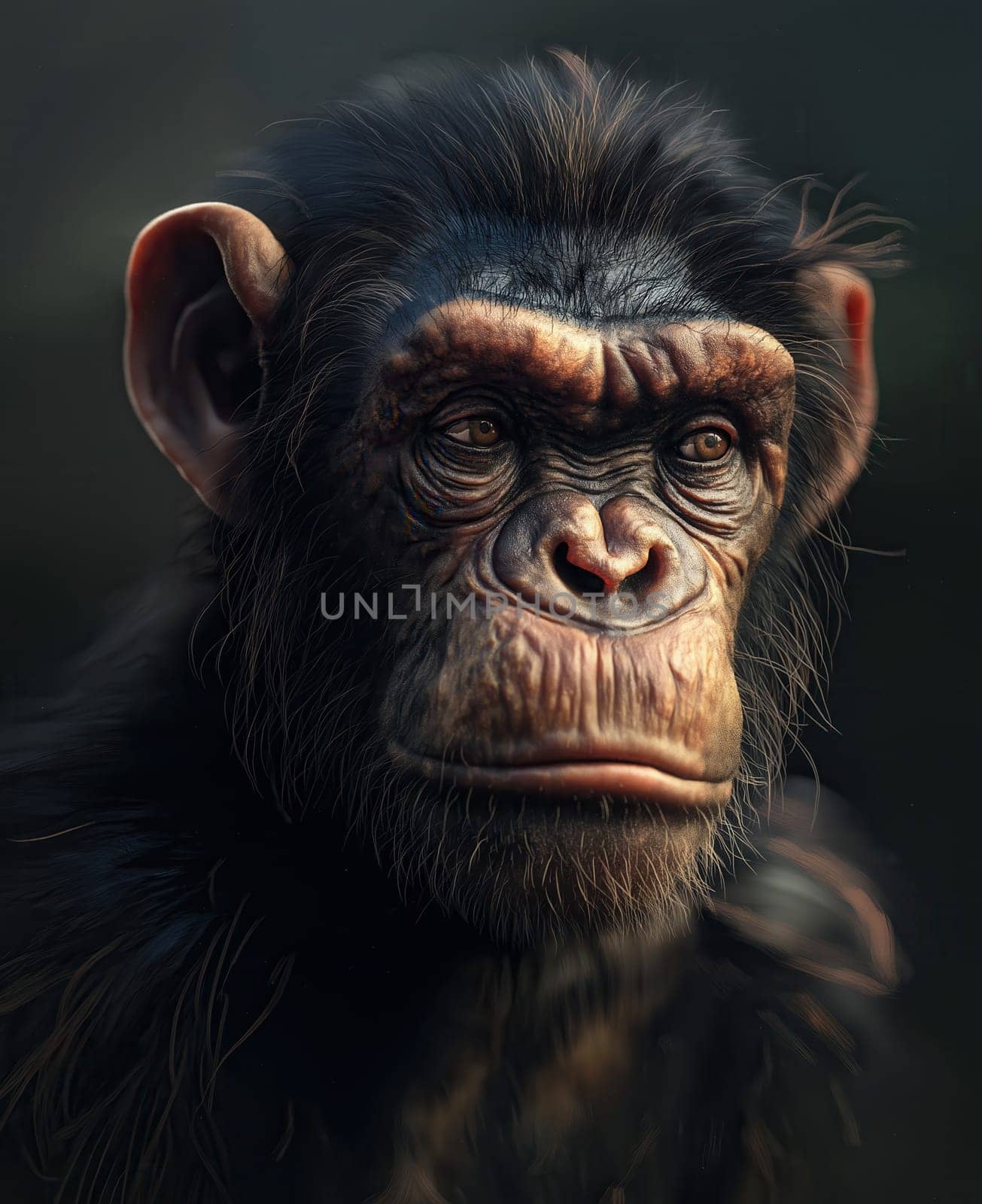 Monkey looking forward on dark background. Selective focus.