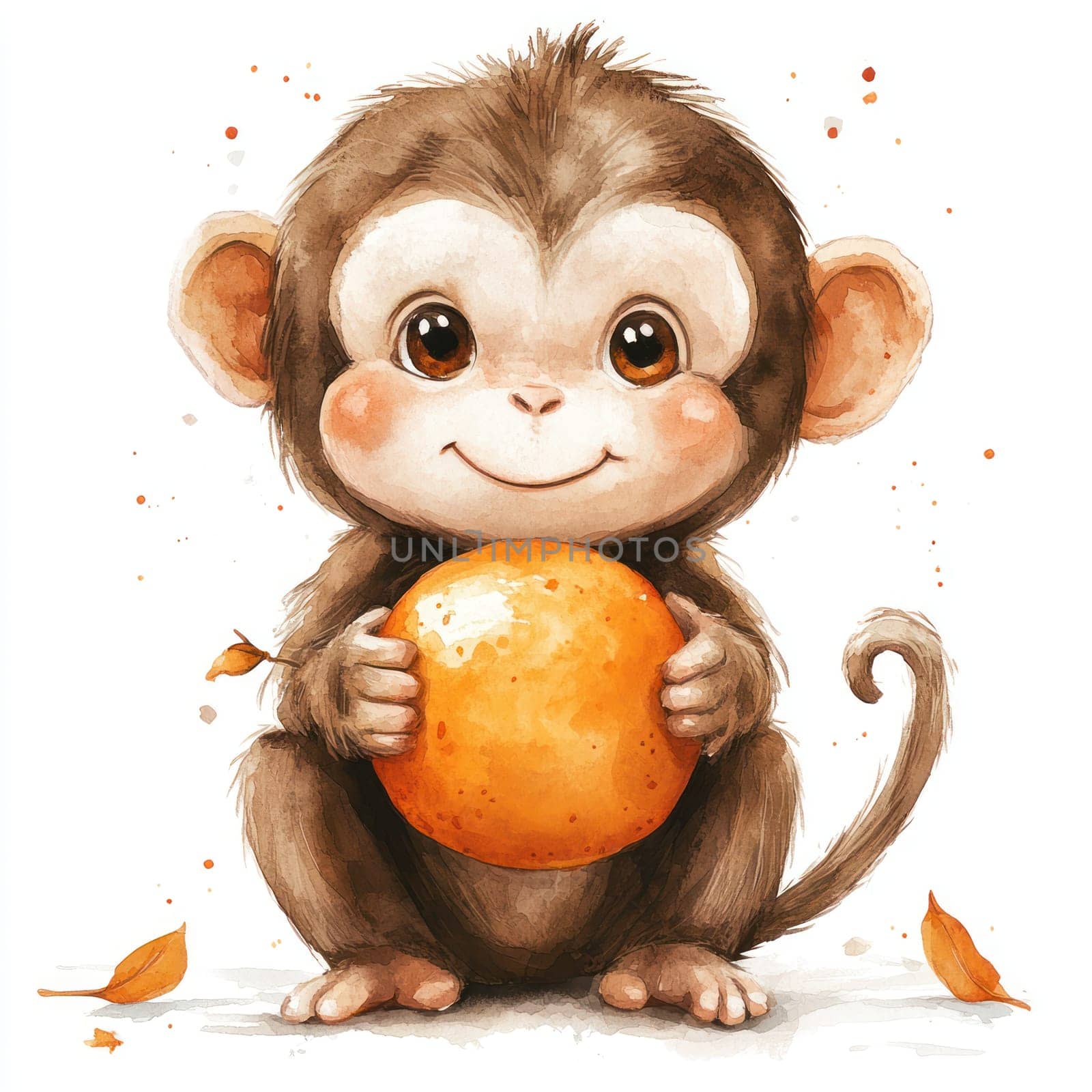 playful monkey holds bright orange, exuding joy and curiosity. This charming character is surrounded by soft colors and gentle details, perfect for children themes.