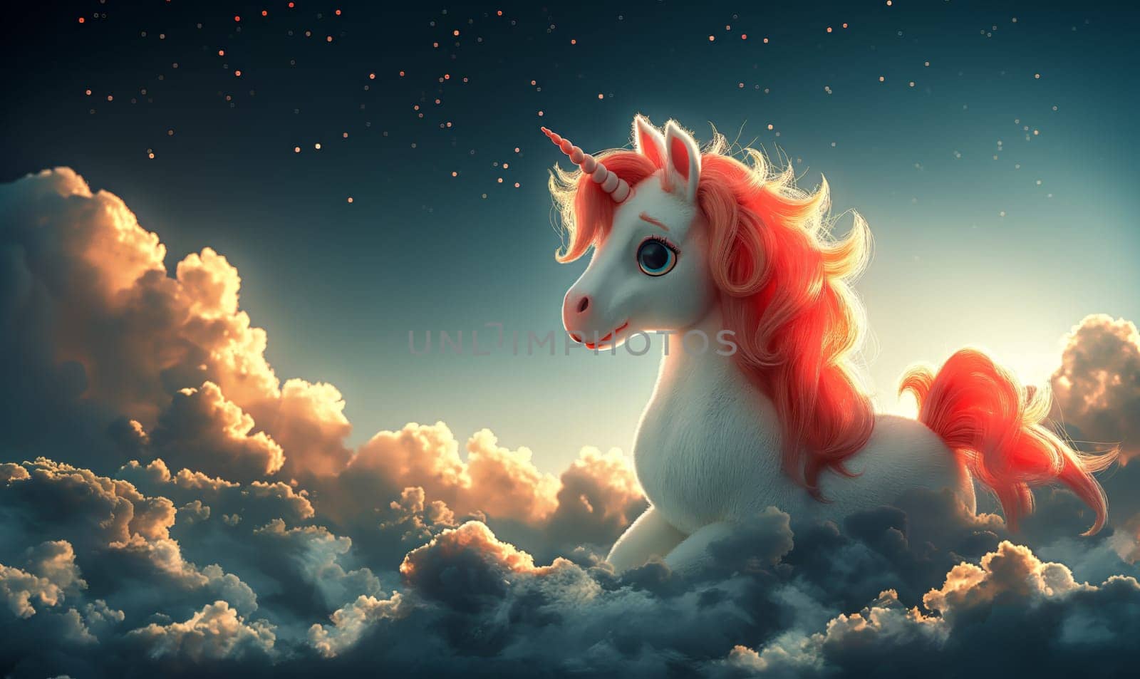 Illustration of white unicorn on clouds background. Selective focus.