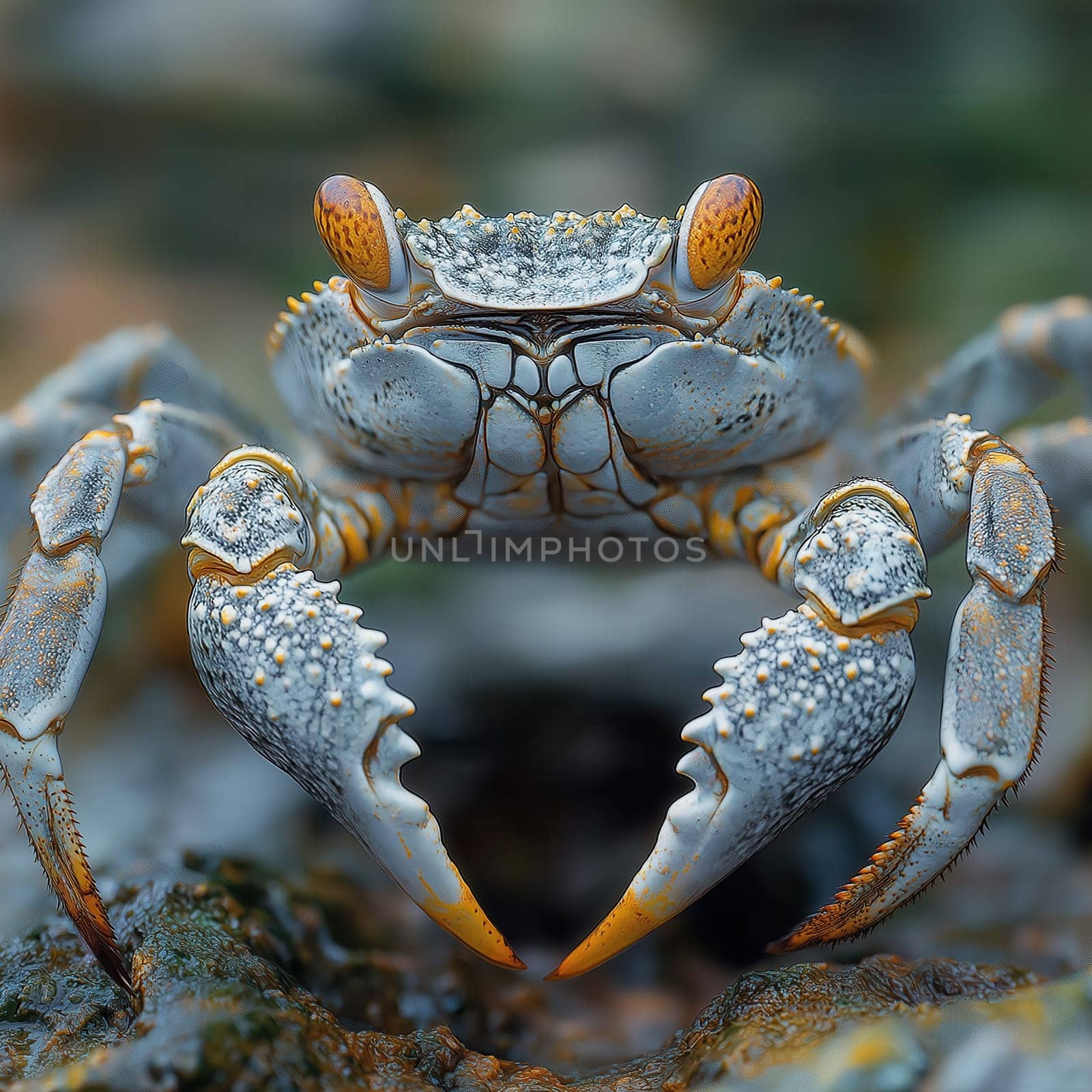 A funny silver crab on an abstract background. Selective focus.