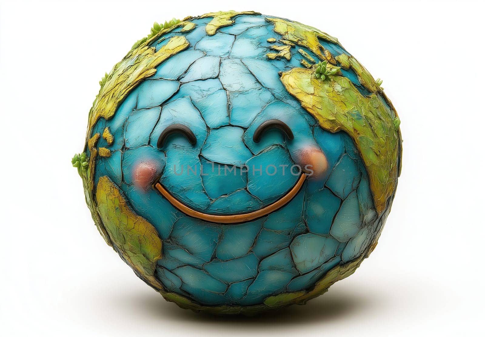 Cartoon smiling globe on white background. Selective focus.