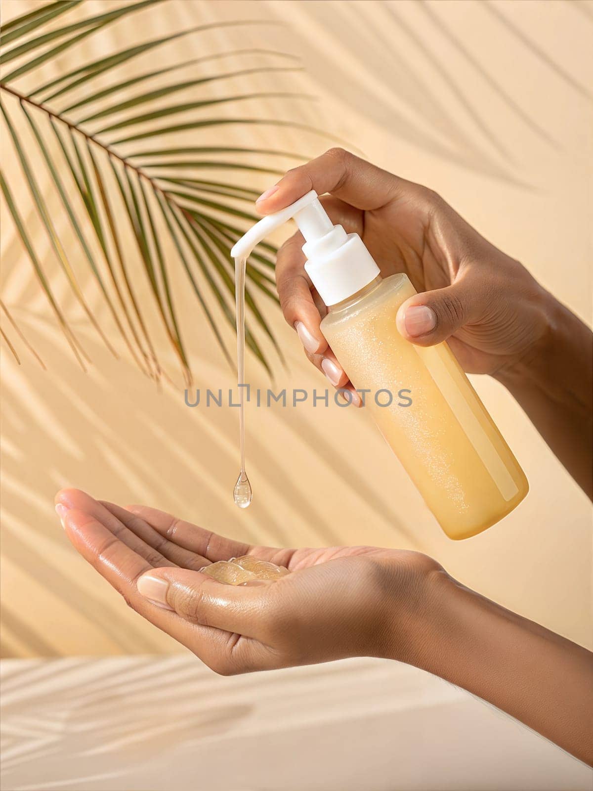 Female hands applying liquid soap, gel or skin serum. Using dispenser bottle with pomp. Skin care and sanitation concept. Beige background with palm leaf. Ai generated