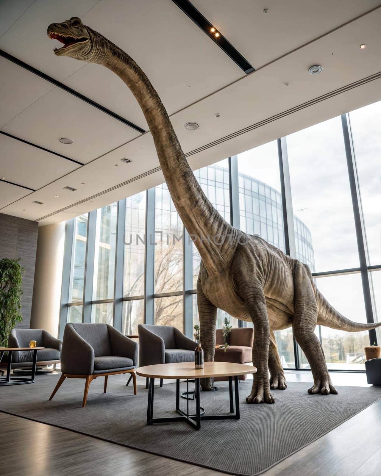 Tall sauropod dinosaur standing indoors, long neck, modern building interior, sunlight. AI generated