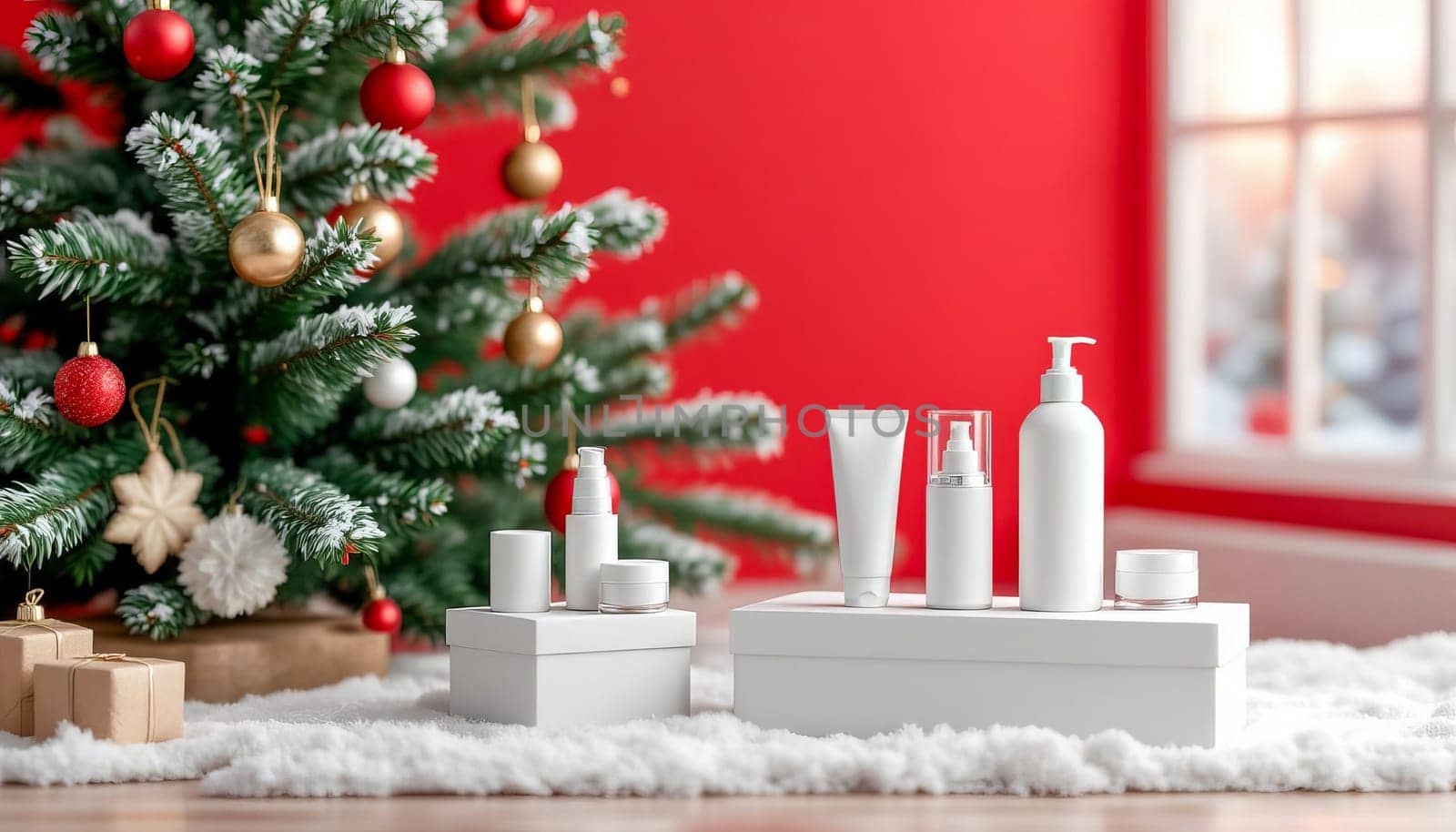 Photo of cosmetic containers on gift boxes next to a Christmas tree on a red and white background.