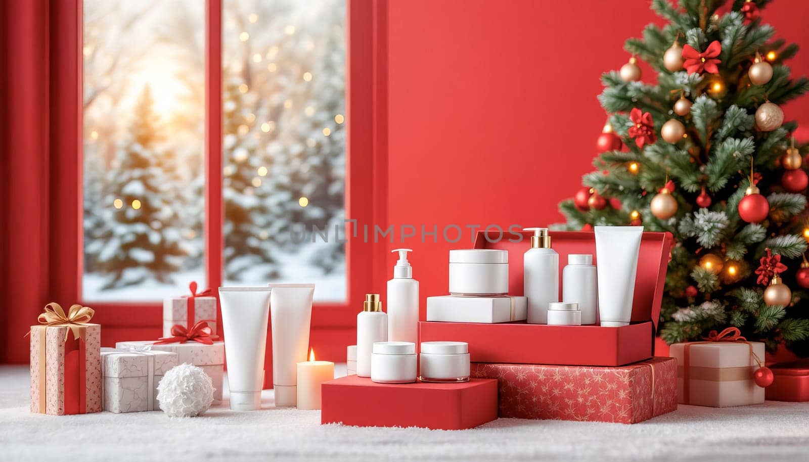 Photo of cosmetic containers on gift boxes next to a Christmas tree on a red and white background.