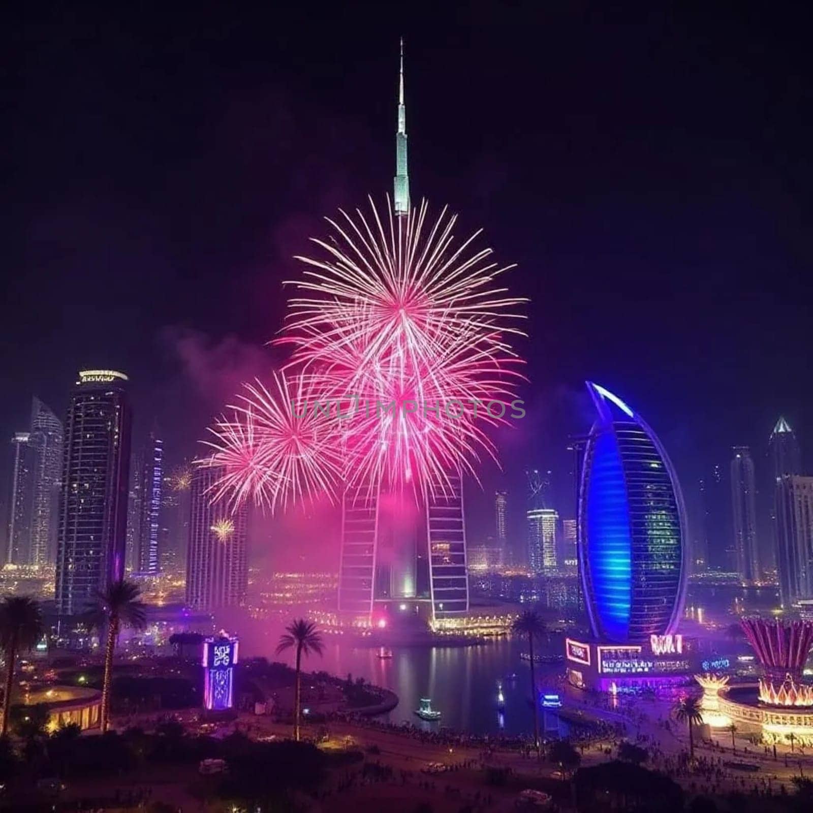 Dubai fireworks night holiday New Year hotel famous building place . High quality illustration