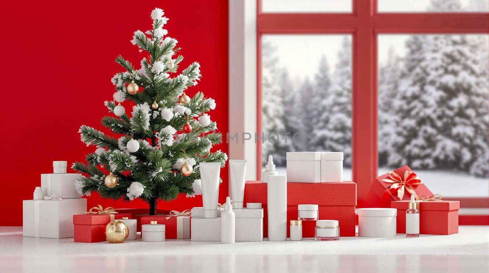 Photo of cosmetic containers on gift boxes next to a Christmas tree on a red and white background.