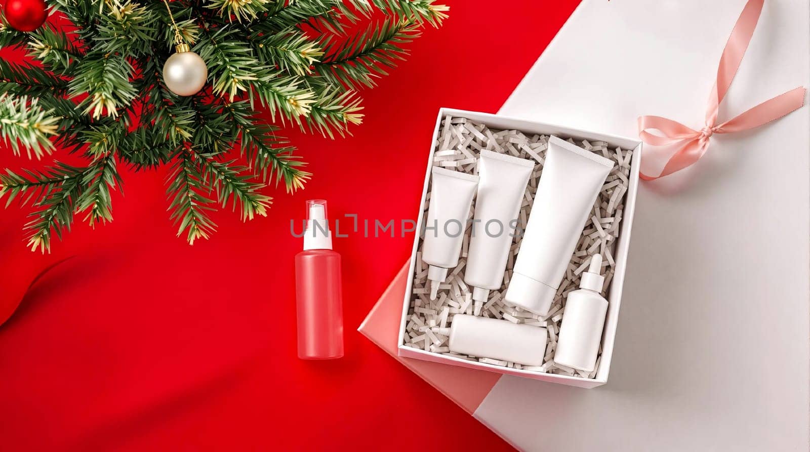 Photo of cosmetic containers on gift boxes next to a Christmas tree on a red and white background.