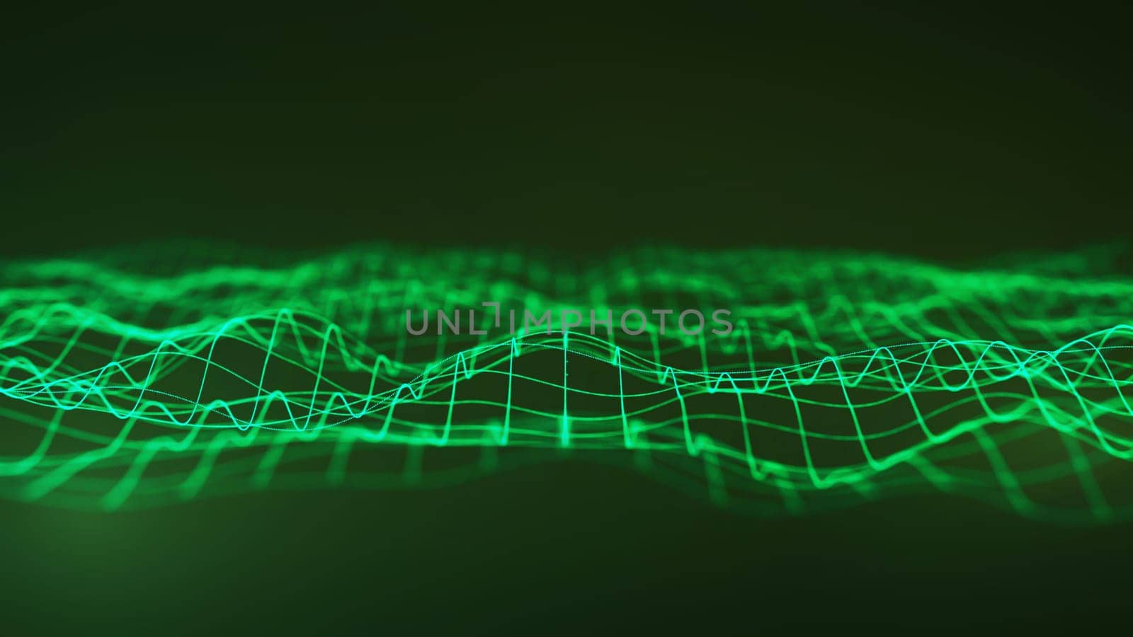 The image showcases a glowing green grid wave that spans across the frame, creating an abstract and futuristic visual effect. The wave appears three-dimensional, with its intricate curves and lines radiating a sense of motion and energy. The background is a dark green gradient, emphasizing the luminous grid and creating a contrast that enhances the overall depth of the composition.