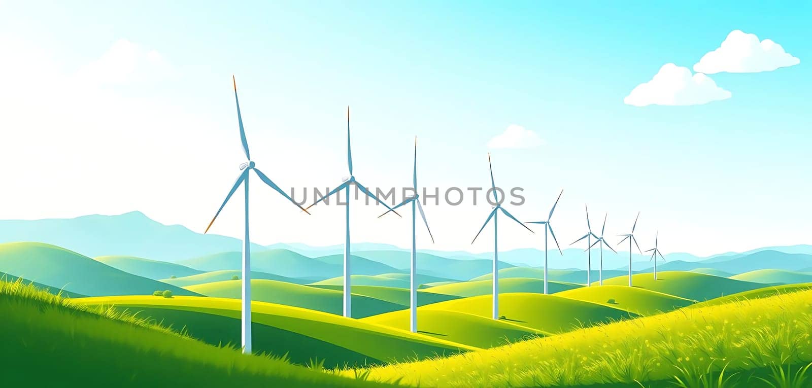 In a serene landscape, wind turbines gracefully spin atop rolling green hills, backed by distant mountains under a clear blue sky. The scene exudes tranquility and sustainable progress.