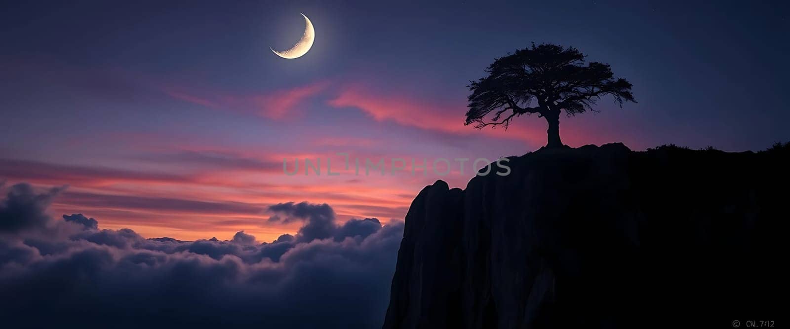 A lone tree stands atop a rugged cliff, silhouetted against a twilight sky painted in hues of pink and purple. A crescent moon hangs delicately above, as wisps of clouds drift below, creating a serene and mystical atmosphere.