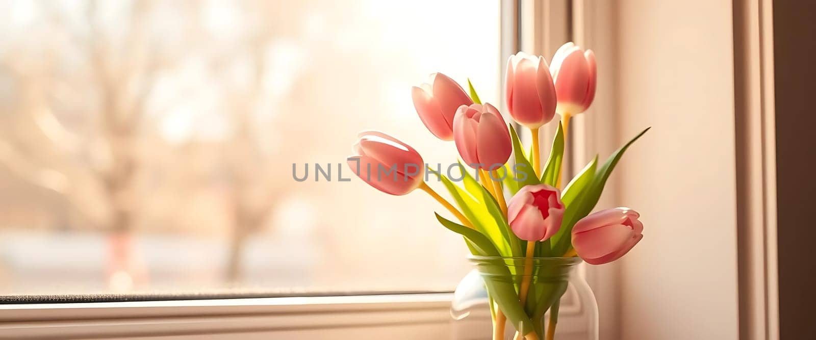 A vase of delicate pink tulips graces a windowsill, basking in the soft, warm sunlight filtering through the glass. The serene setting exudes a sense of calm and renewal, with the blurred outdoor scene hinting at a peaceful day.