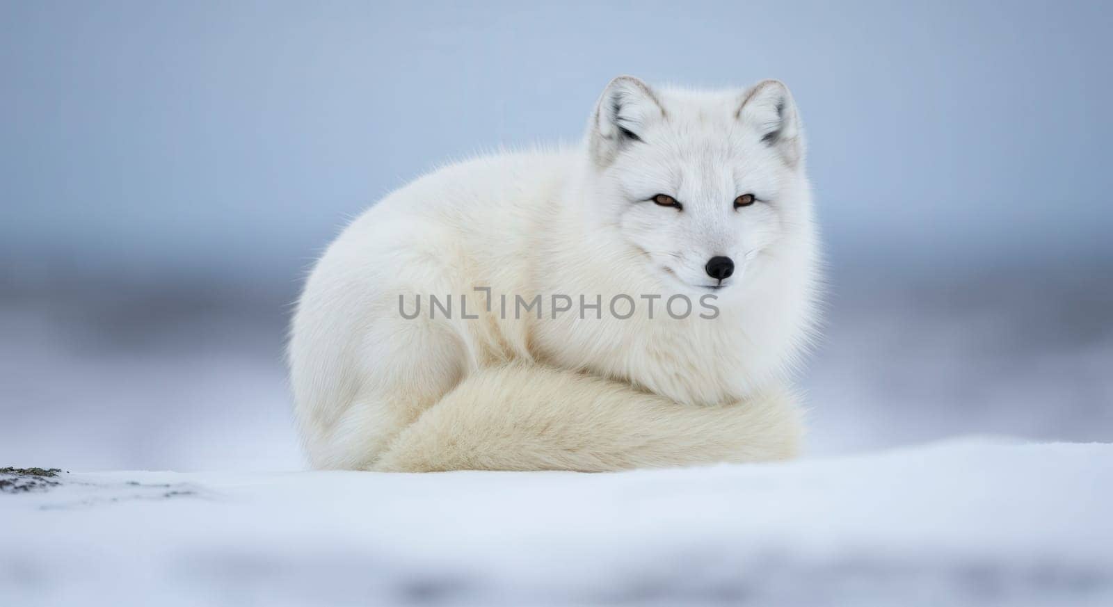 Arctic fox curled up on snow, displaying its thick white fur and alert expression. the serene, wintry setting evokes the harsh yet beautiful nature of the arctic environment.