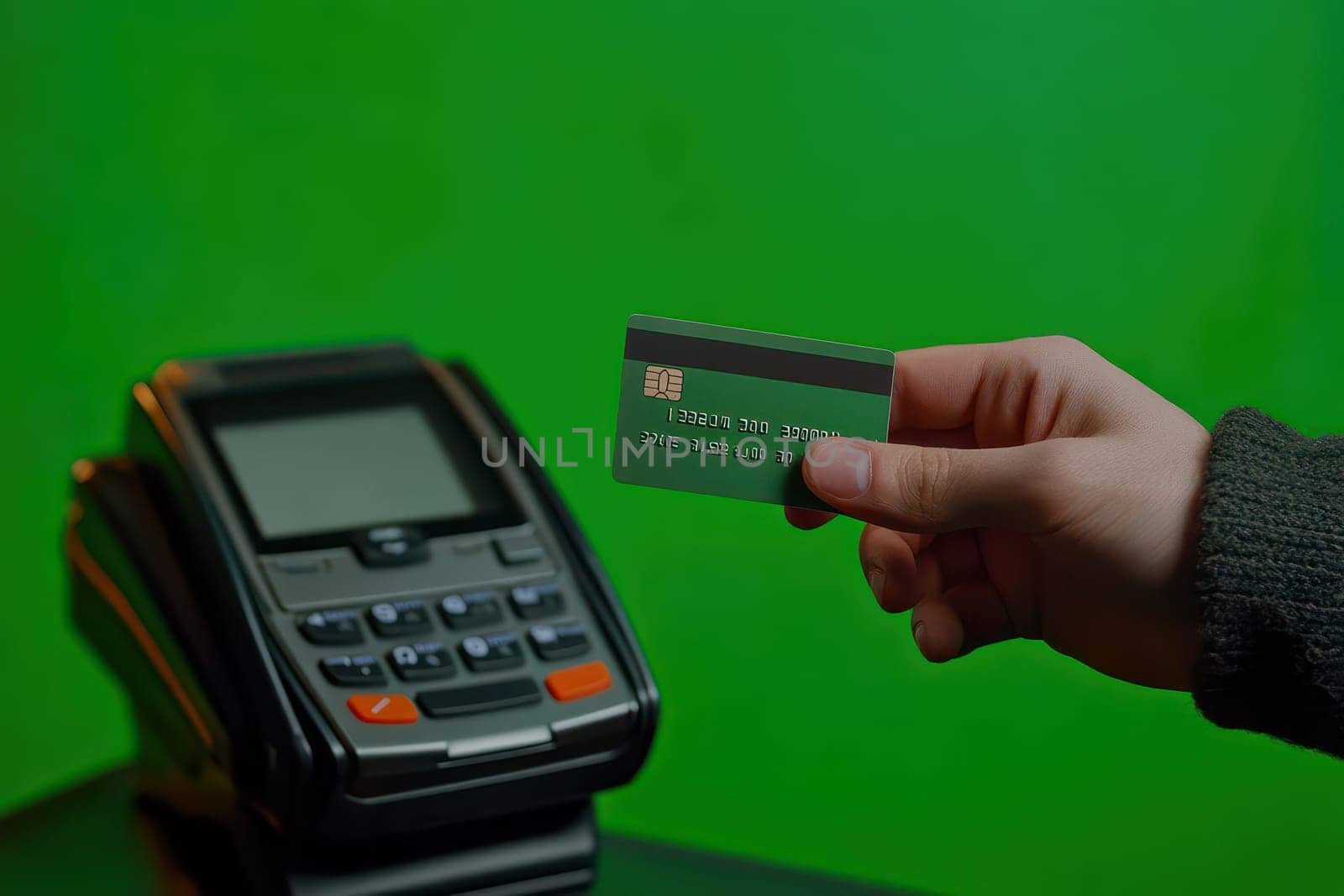 A person holds a credit card in front of a payment terminal, showcasing a modern transaction moment in a studio environment with a green background.