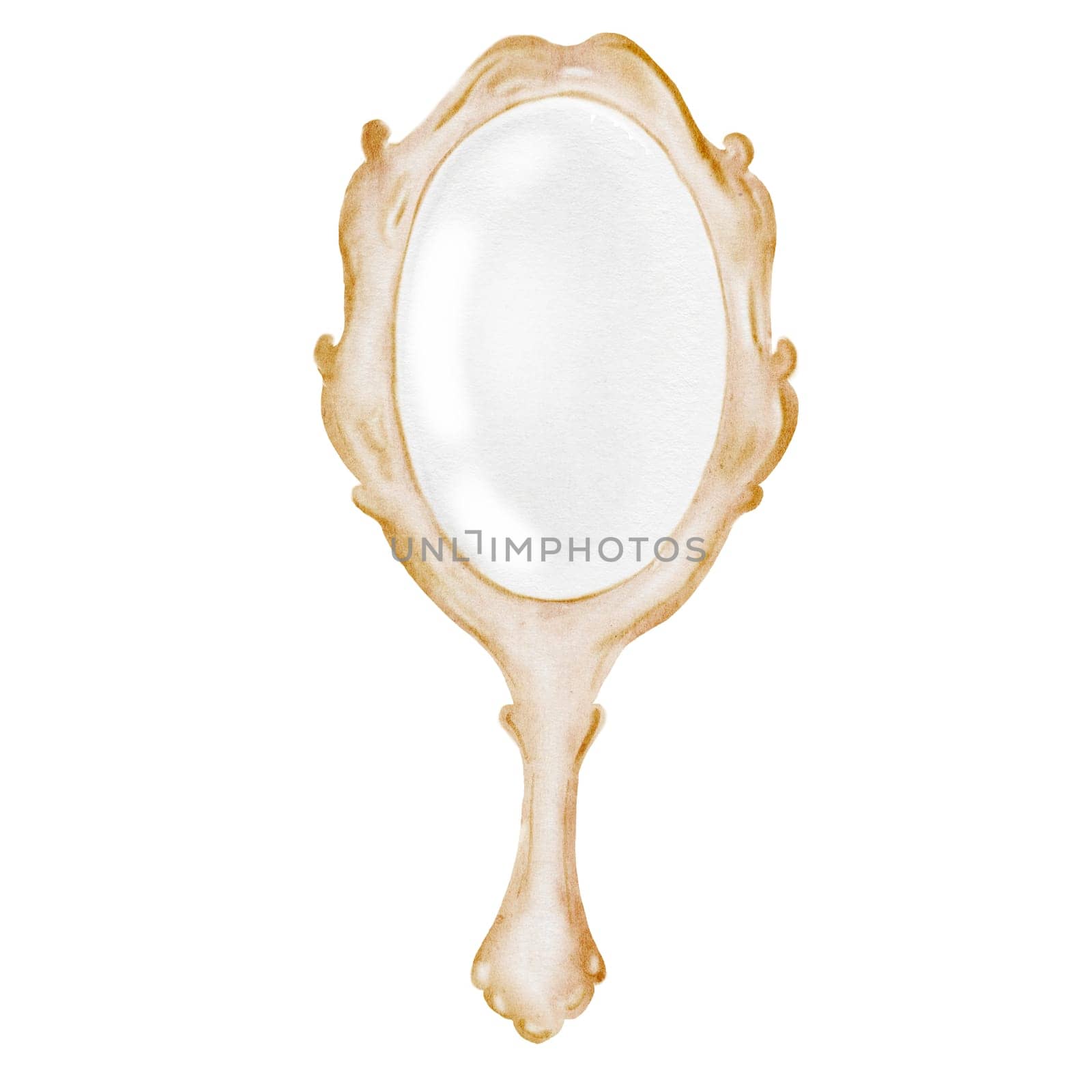 Mirror Watercolor. Hand drawn vintage mirror with handle. Clip art of beauty accessory. Perfect for posters, cards and stickers. High quality illustration