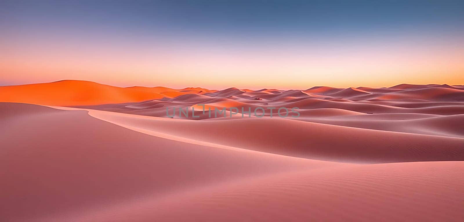 Vast, undulating sand dunes stretch across a desert landscape, bathed in the warm, golden hues of sunrise or sunset. The serene, expansive scene evokes a sense of tranquility and isolation, with gentle shadows accentuating the curves of the dunes. The distant horizon hints at endless, untouched wilderness.