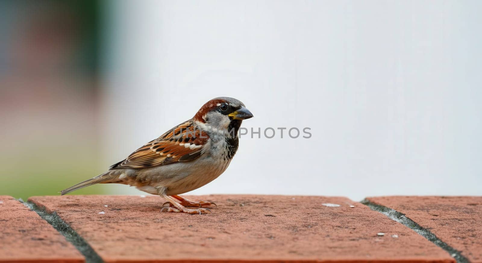 A house sparrow sits on a brick wall, showcasing its detailed plumage in an urban environment. the image highlights the bird's adaptability and resilience in city landscapes, emphasizing nature's coexistence with metropolitan life.