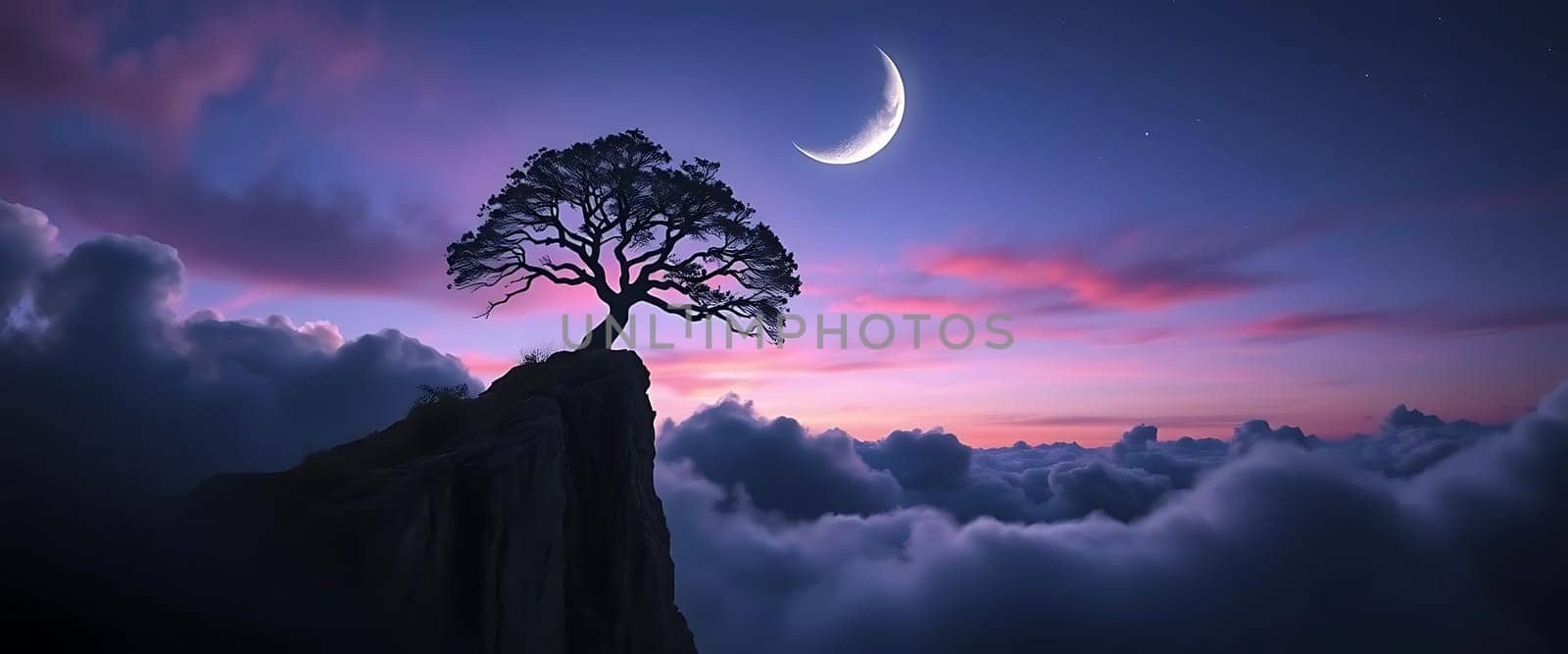 A lone tree stands atop a rocky peak, silhouetted against a twilight sky painted in hues of pink and purple. A crescent moon hangs serenely above, as wisps of clouds drift below, creating a tranquil, otherworldly mood.