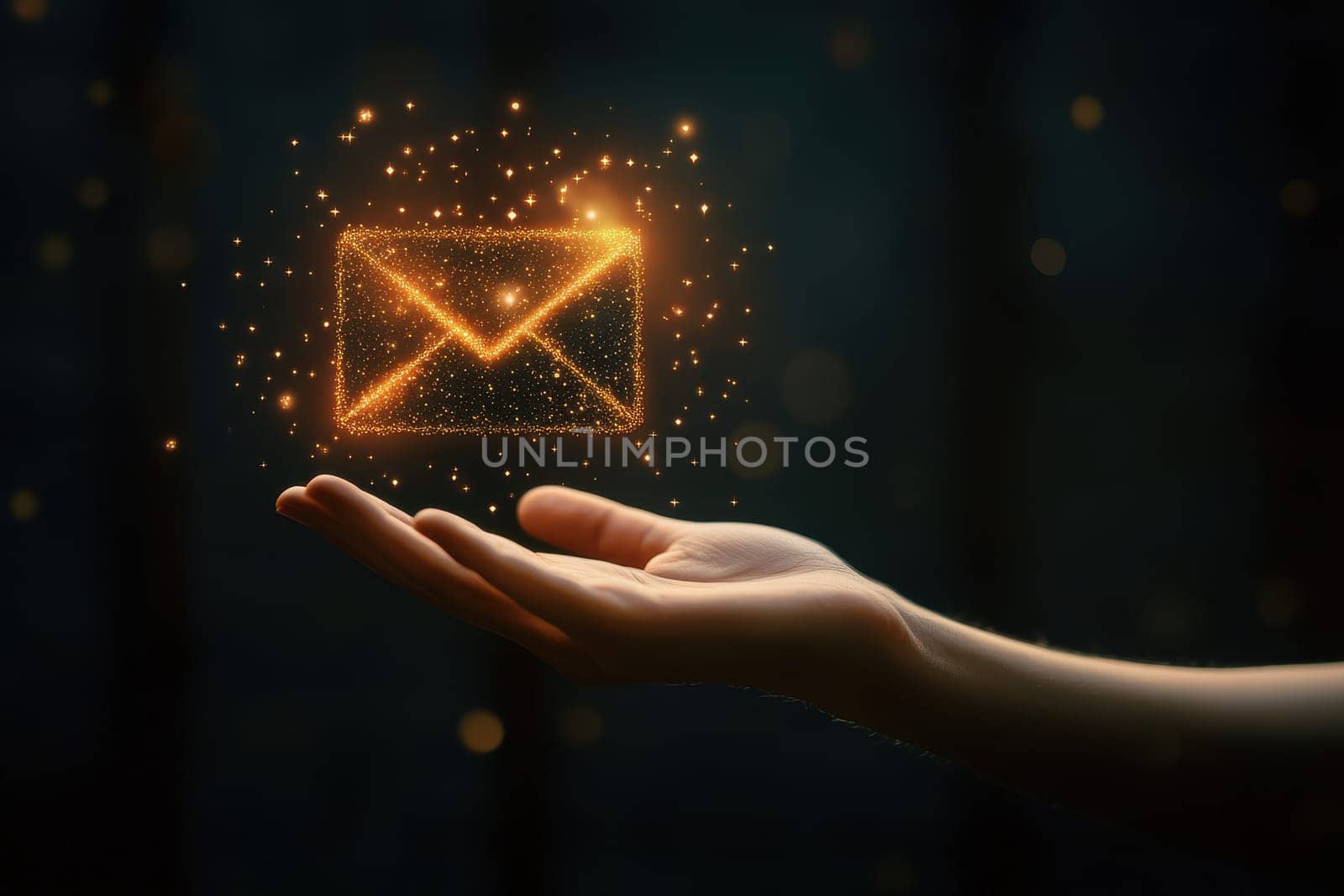 A hand reaches out with a glowing email icon above it, symbolizing digital communication and connection in the modern world.
