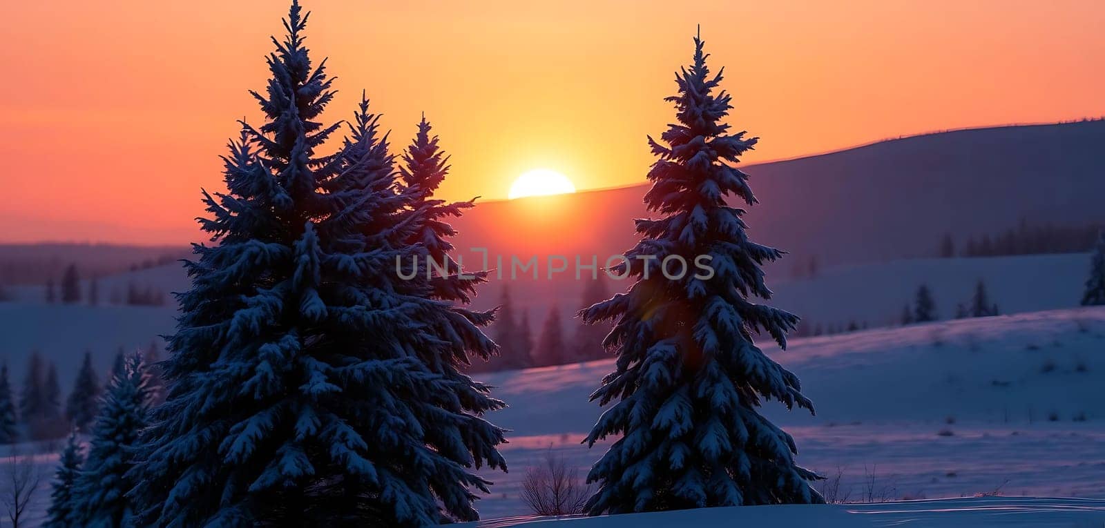 Snow-laden evergreens stand sentinel against a vibrant sunset, casting long shadows over a serene, snowy landscape. The setting sun paints the sky with hues of orange and purple, creating a tranquil, almost magical winter scene.