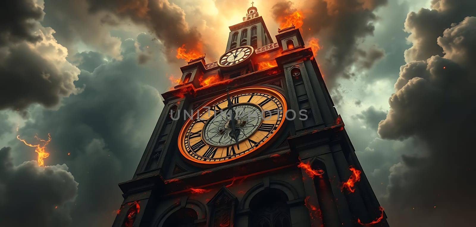 A grand clock tower burns against stormy skies, flames licking its facade. The clock face remains defiant amidst the chaos, marking time as the structure succumbs to fiery destruction. The mood is apocalyptic, with dark clouds and embers swirling in the air.