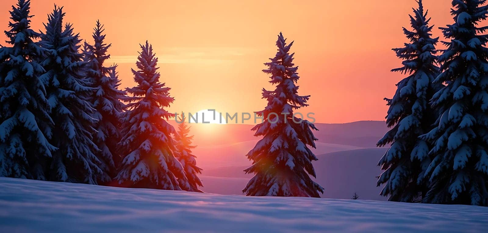 Snow-covered pines stand sentinel as the sun sets, casting a warm glow over the tranquil winter landscape. The serene mood is enhanced by distant hills fading into the horizon.