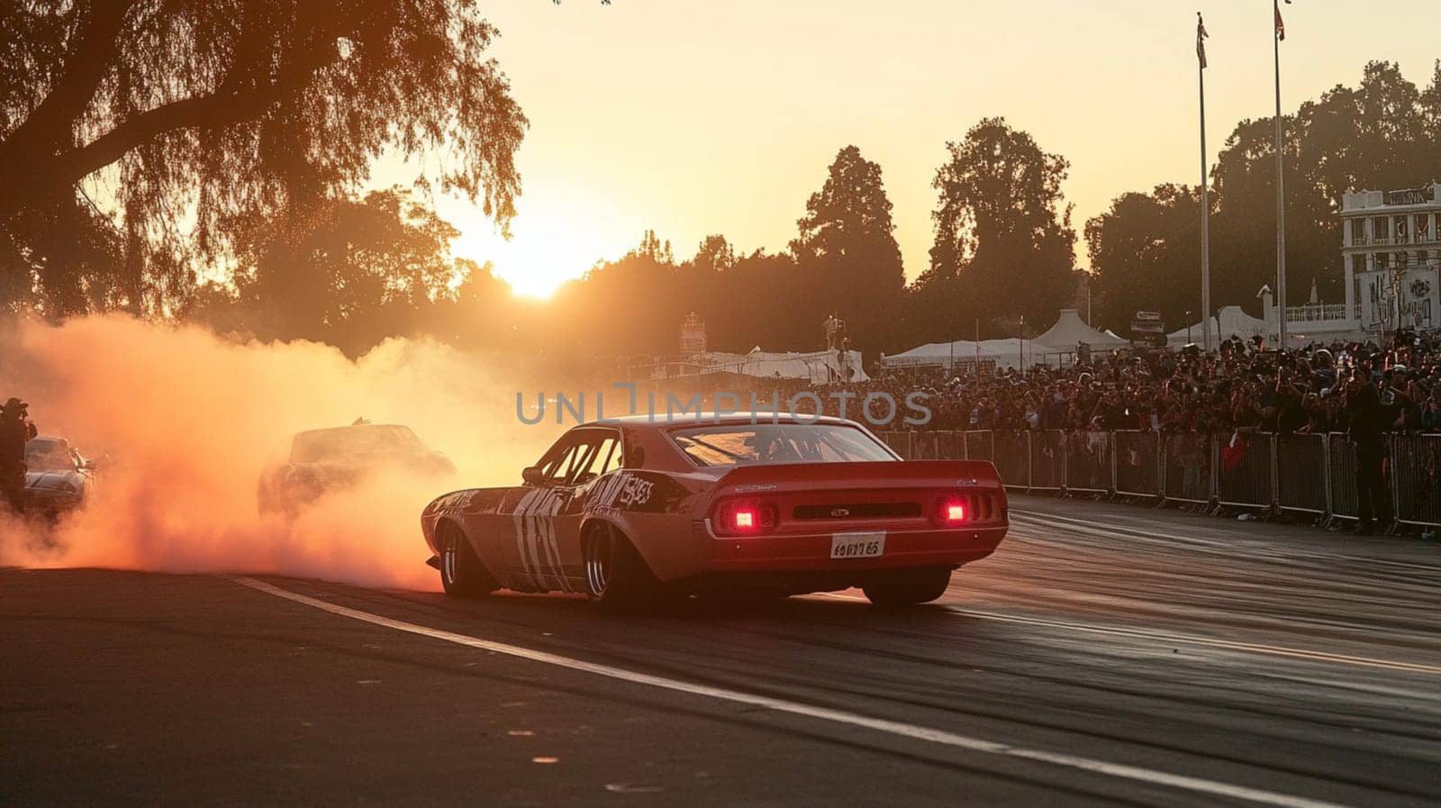 Pink muscle car revs its engine, creating smoke as a crowd cheers at an event. The vibrant sunset adds excitement to this dynamic scene of automotive passion in california's urban streets