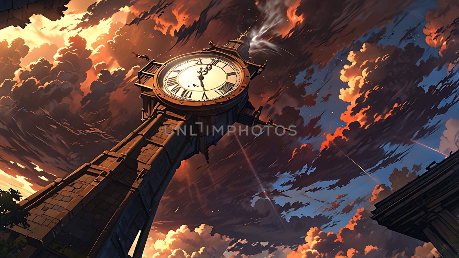 A towering clock looms amidst stormy skies, its hands nearing midnight. Dramatic clouds swirl, and smoke billows from the clock's top, evoking a sense of impending mystery and urgency.