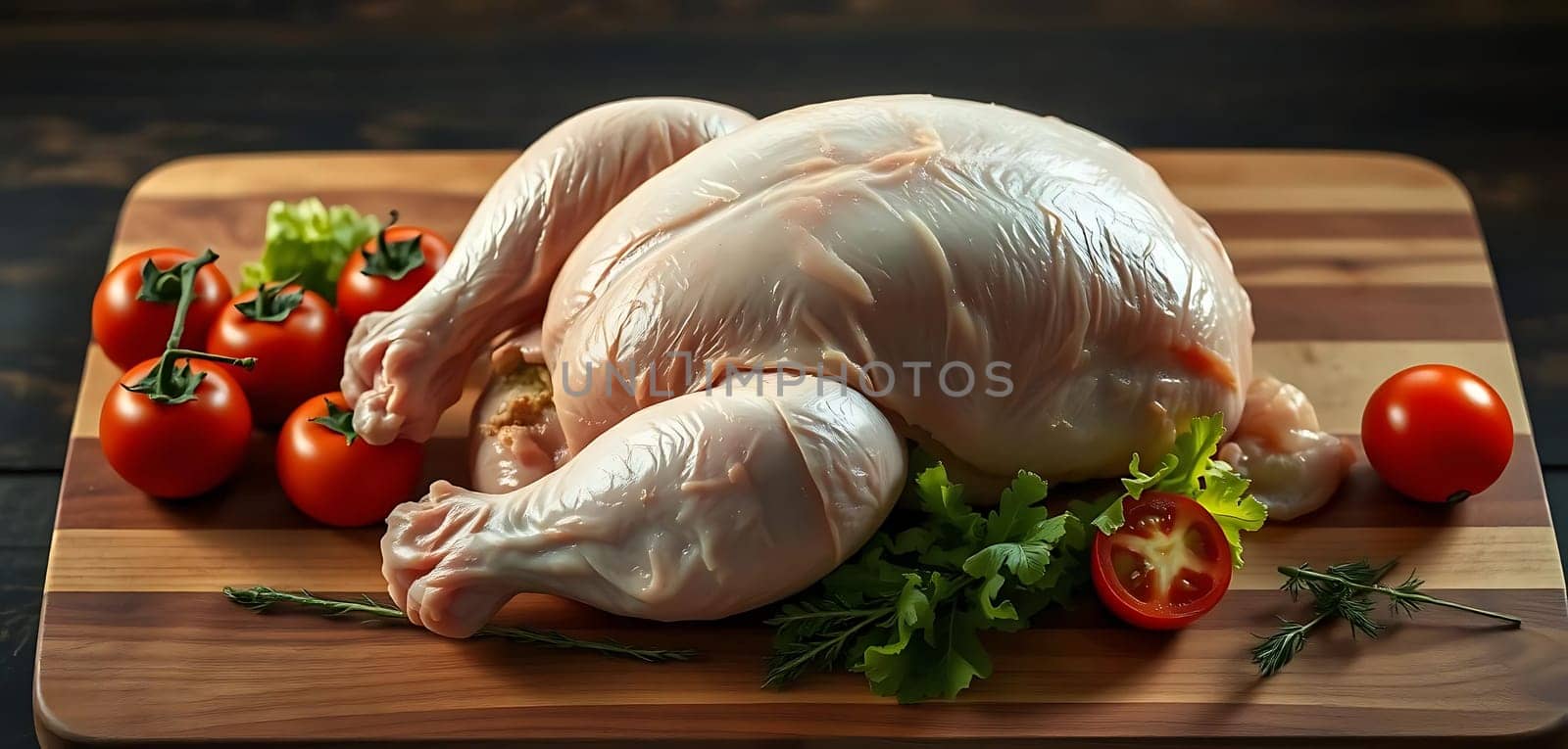 A plump, uncooked chicken rests on a rustic wooden board, surrounded by vibrant red tomatoes and fresh green herbs. The mood is warm and inviting, hinting at a delicious meal to come. The chicken's skin glistens under soft lighting, highlighting its natural texture.