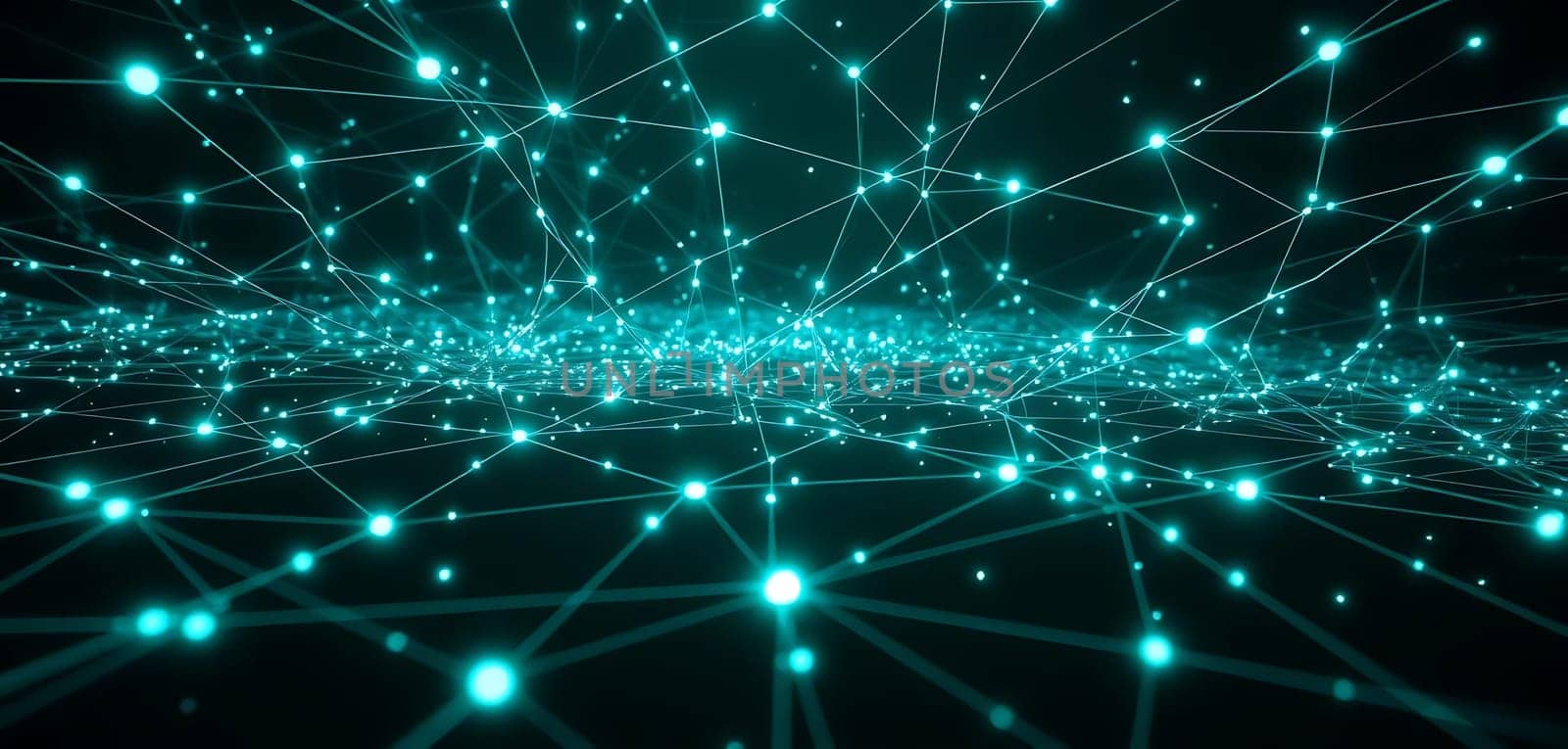 A mesmerizing digital expanse unfolds, with glowing cyan nodes interconnected by intricate, luminescent lines. Set against a dark backdrop, this network evokes a futuristic, interconnected world, pulsating with energy and data flow. The mood is both mysterious and technologically advanced.