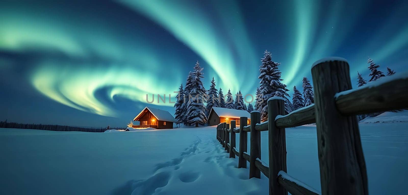 A serene winter night unfolds with vibrant auroras dancing above a cozy, snow-covered cabin. The wooden fence leads the eye towards the warmly lit house, nestled among tall, snow-laden trees, creating a magical, tranquil atmosphere.